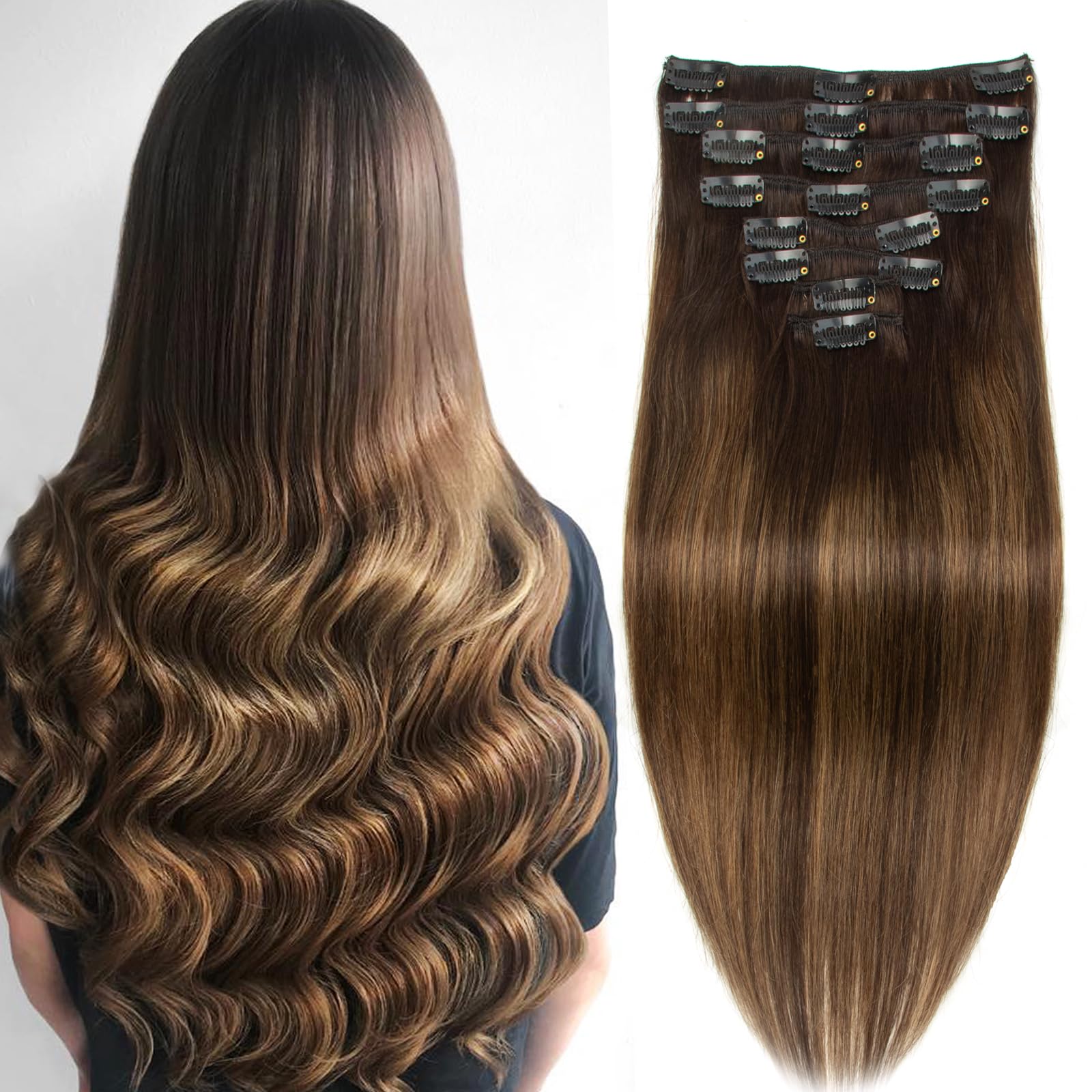 Clip in Hair Extensions Real Human Hair Clip-in Hair Extensions 3.6oz/100g Clip ins 100% Brazilian Remy Human Hair for Women Straight Soft Hair No Tangles 8pcs with 18 Clips (20 Inch #2t2p6)