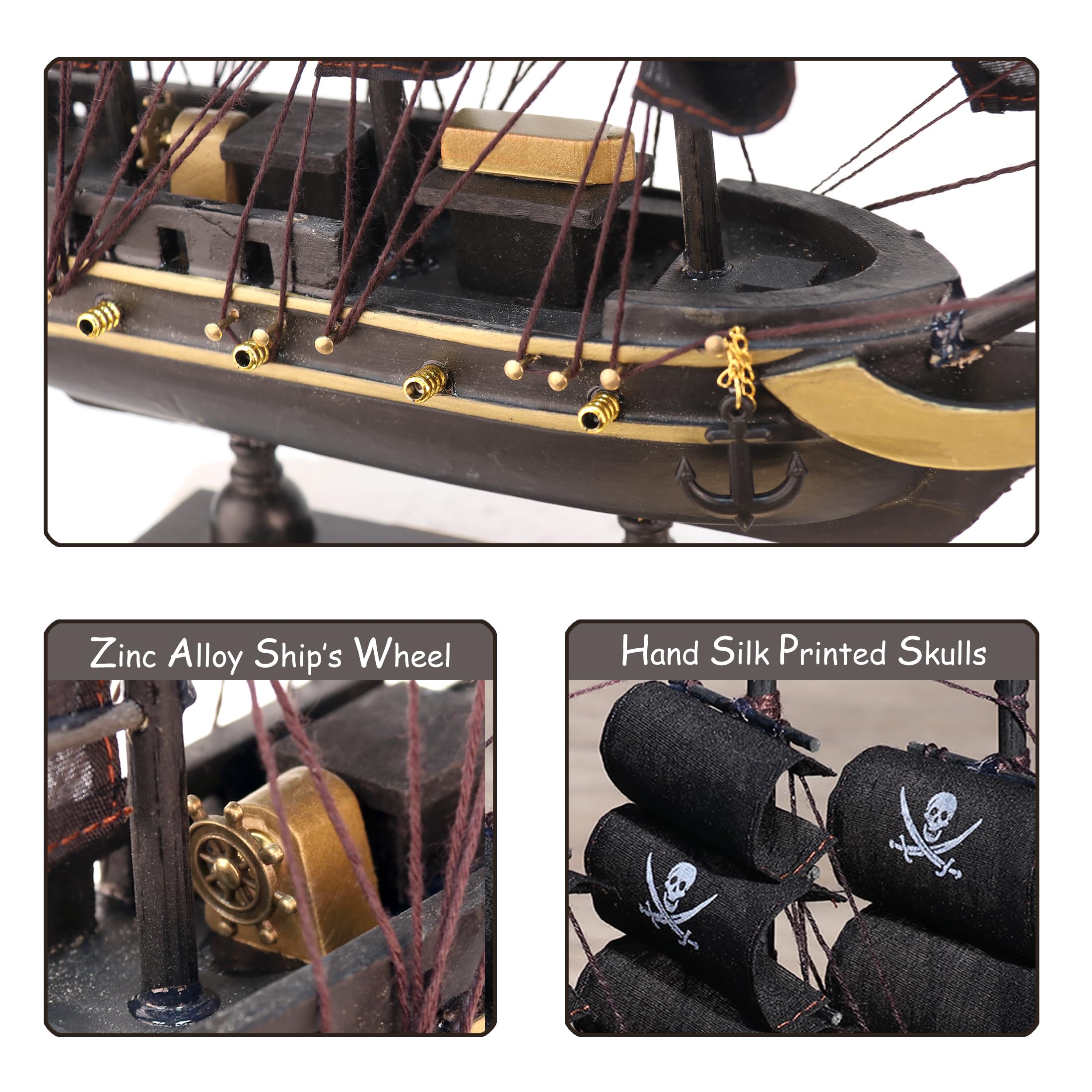 The Black Pearl – Bateau pirate en bois pré-construit 25,4 cm – Décoration nautique des Caraïbes entièrement assemblée (25,4 cm en bois noir perle)