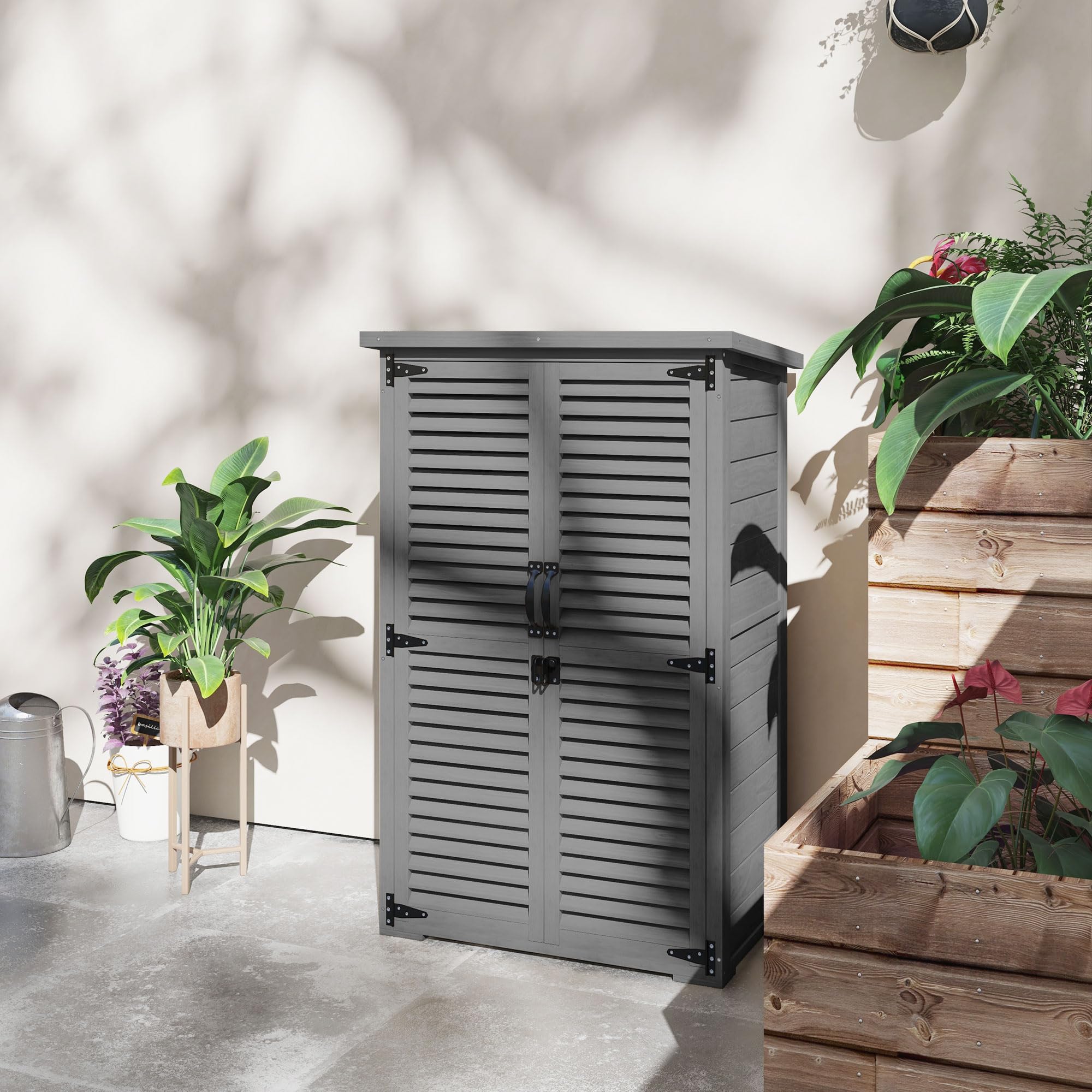 Outsunny - Armario de jardín para herramientas de madera, 2 estanterías tejado betún puertas persianas con cerradura 75 x 50 x 118 cm, color gris