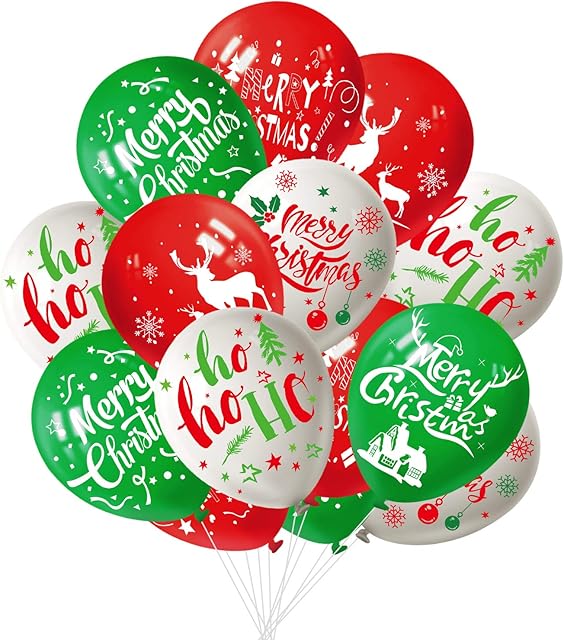 FEPITO 50Pcs Christmas Party Balloon 12 Inch White Red and Green Latex Christmas Balloons, 6 Merry Xmas Style for Christmas Decoration Party Supplies