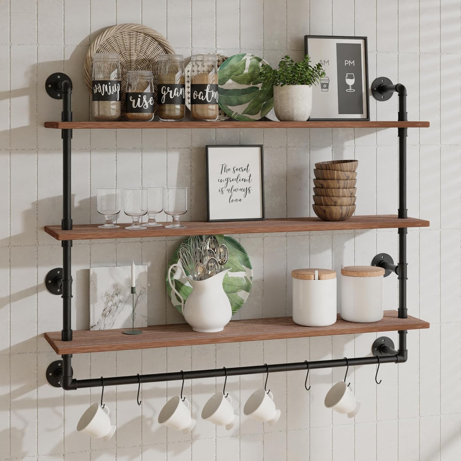 ROGMARS Industrial Pipe Shelving 48inch Wall Mounted Rustic Floating Shelves with Wood Shelf, Floating Kitchen Shelves Towel Bar Hooks Coffee Bar Shelves Display Bookshelf for Living Room 3 Tier Rustic Brown 48 inch 3 tier