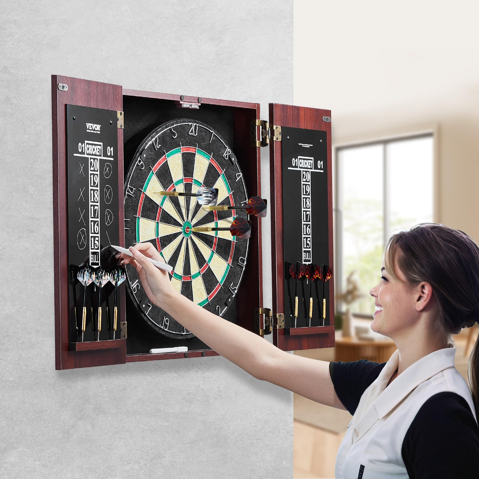 VEVOR Juego de Tablero de Dardos y Gabinete Oculto de Tamaño Oficial, Paquete Listo para Jugar, con Punta de Acero, Fácil Montaje, con Todos los Accesorios, Juegos Cricket, 45 x 3,8 cm