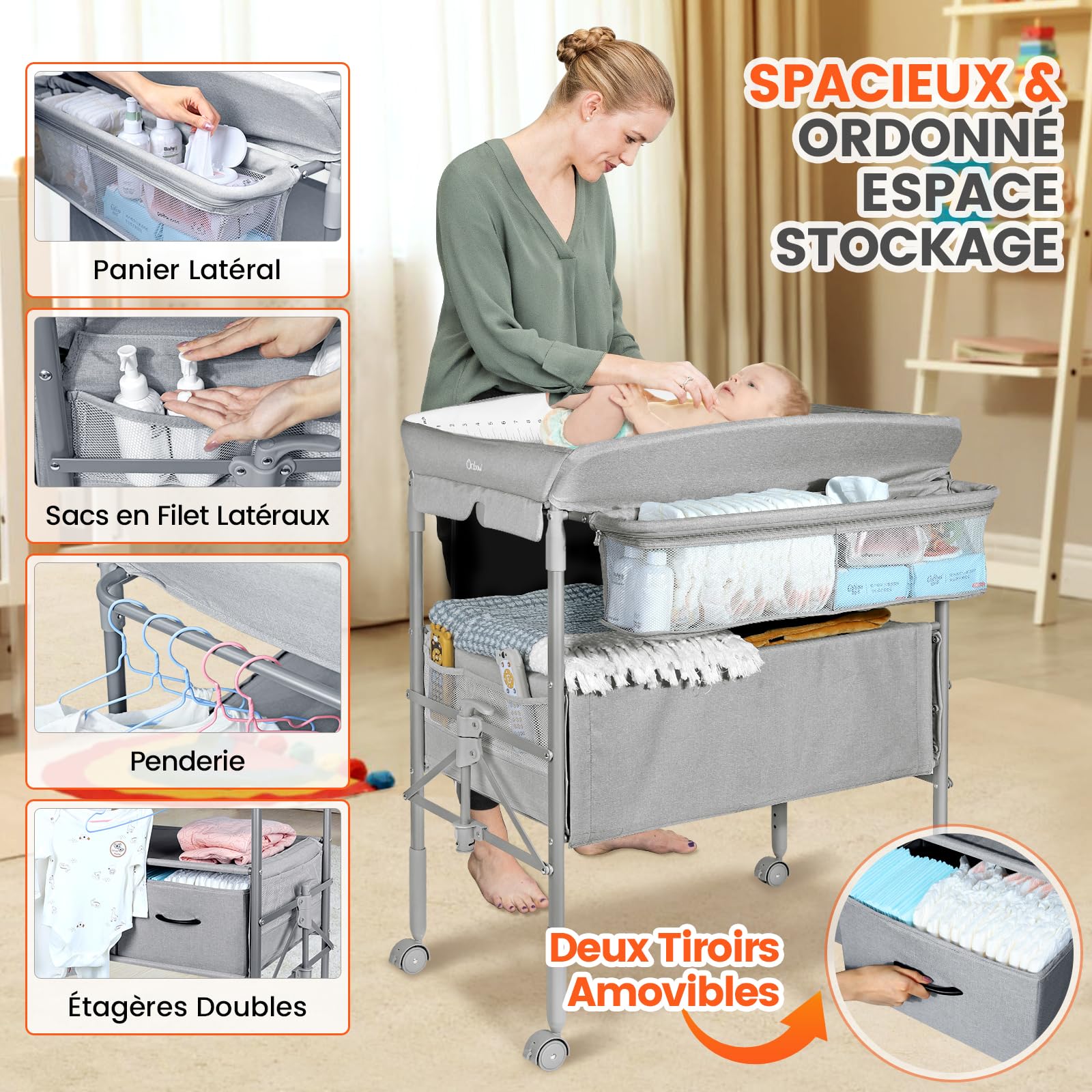 Table a Langer Bebe avec Tiroir et Veilleuse, Table à Langer Pliable à Hauteur Réglable avec Sangle de Sécurité, Espace de Stockage Extra Large, Mobile Commode a Langer Bebe, Gris