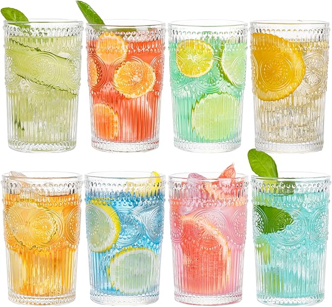 Vintage Highball Glasses, Set of 8 Glass Drinking Glasses, 13.5 oz Durable Drinkware Cups for Cocktails, Water, Juice, Beer, Wine-Special Edition Glassware Set, Dishware, Dishwasher Safe