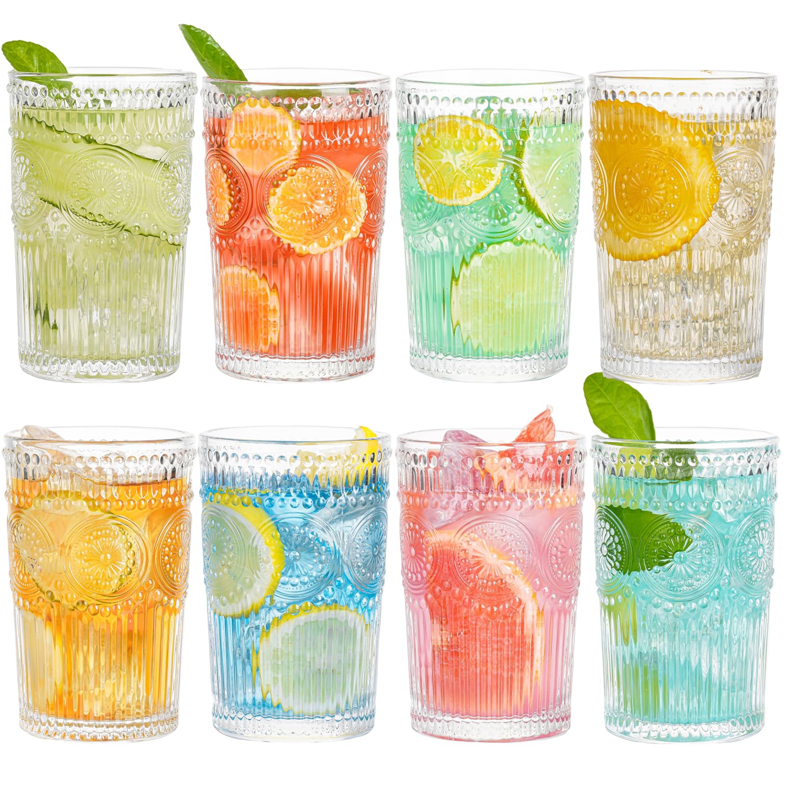 Claplante Vintage Highball Glasses, Set of 8 Glass Drinking Glasses, 13.5 oz Durable Drinkware Cups for Cocktails, Water, Juice, Beer, Wine-Special Edition Glassware Set, Dishware, Dishwasher Safe