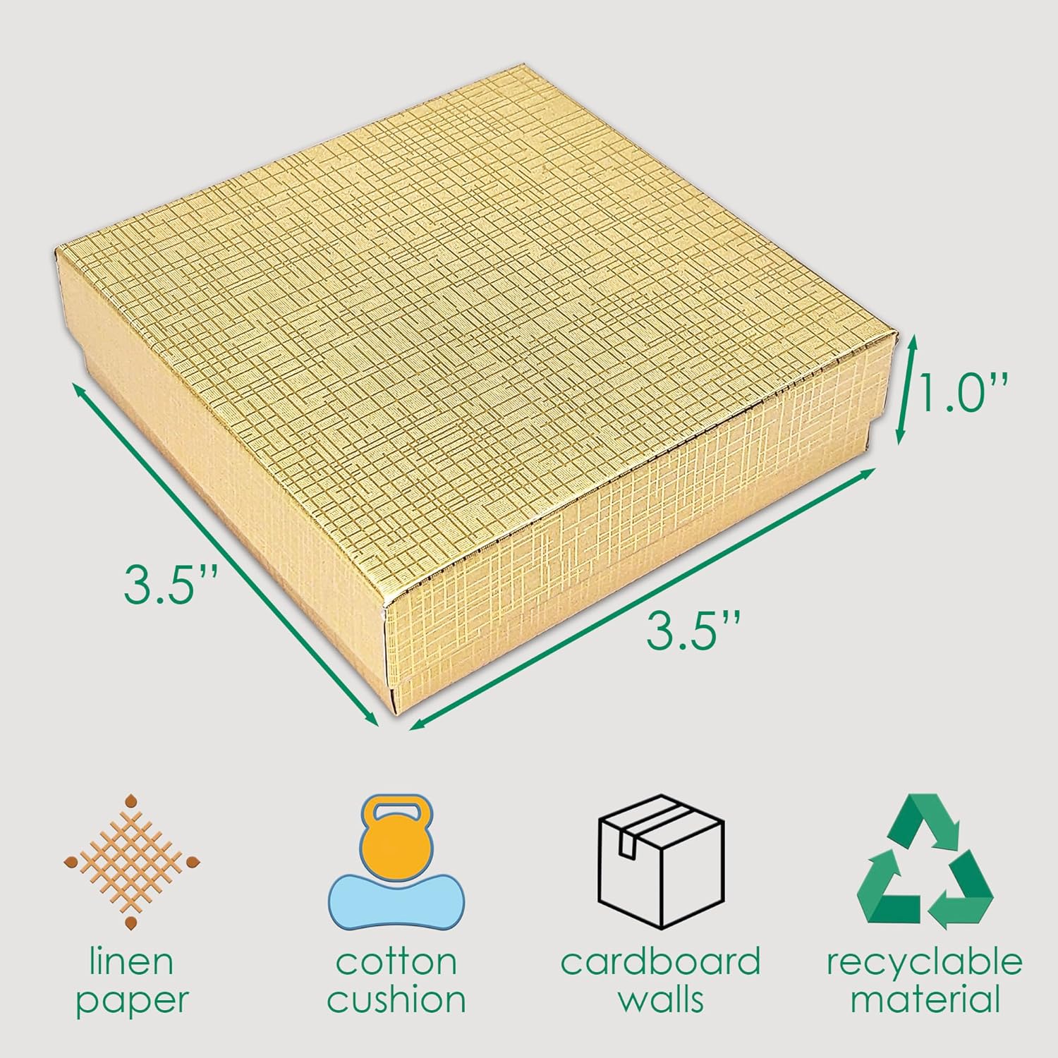 TheDisplayGuys - 25-Pack #33 Cardboard Linen Paper Jewelry Gift Boxes w. Cotton Padding - Gold (3.5" x 3.5" x 1.0") - Image 3