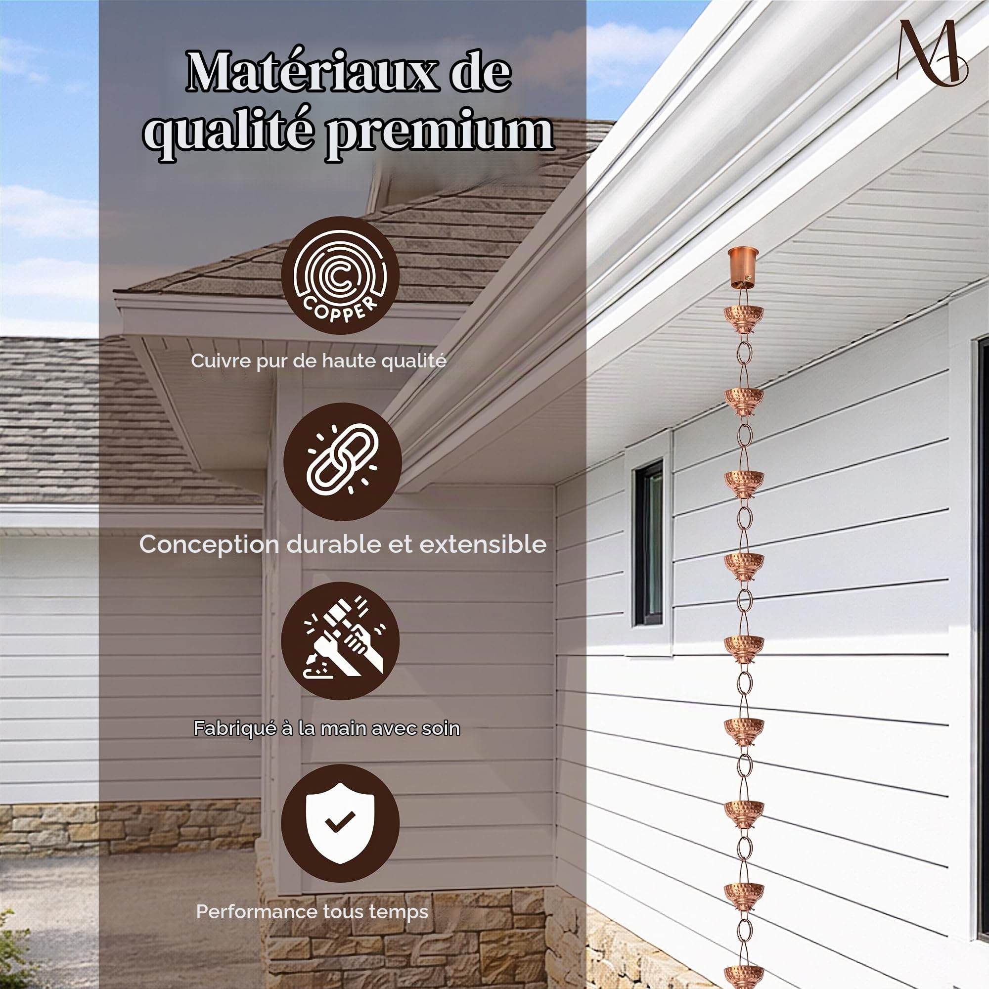 Monarch Chaîne de Pluie en cuivre Pur martelé 2,6 m
