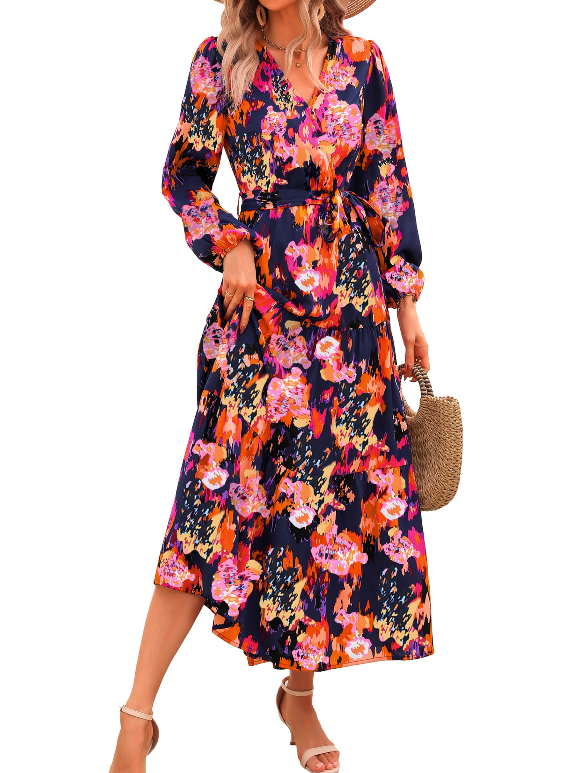 PRETTYGARDENWomens Spring Long Sleeve Wrap V Neck Ruffle Floral Maxi Dress Casual Tie Waist Boho Chiffon Flowy Long Dresses