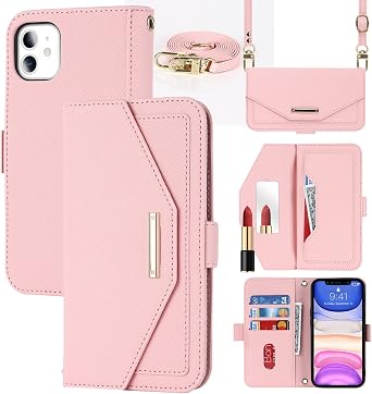 Crossbody Wallet for iPhone 11 Case with Strap,6.1",Pink
