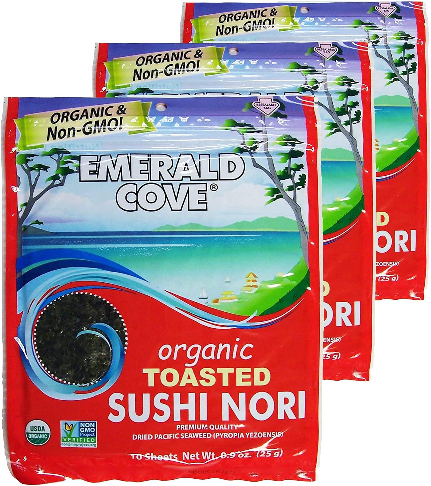 Emerald Cove Organic Nori Sheets for Sushi, Onigiri, Wraps, Non-GMO, Roasted Nori, Resealable Package, Product of Korea, 10 Sheets (3 pack)