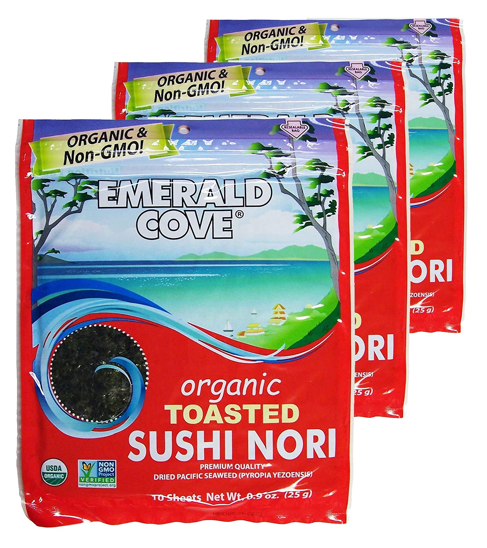 Emerald Cove Organic Nori Sheets for Sushi, Onigiri, Wraps, Non-GMO, Roasted Nori, Resealable Package, Product of Korea, 10 Sheets (3 pack)USDA Organic
