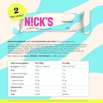 N!CK'S Keto Bar Coconut Chocolate Coconut Snacks 15 x 40 g