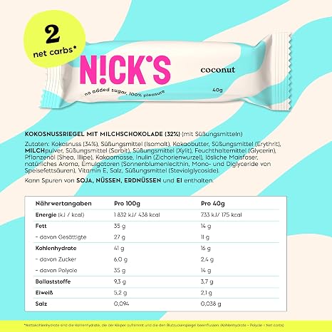 N!CK'S Keto Bar Coconut Chocolate Coconut Snacks 15 x 40 g