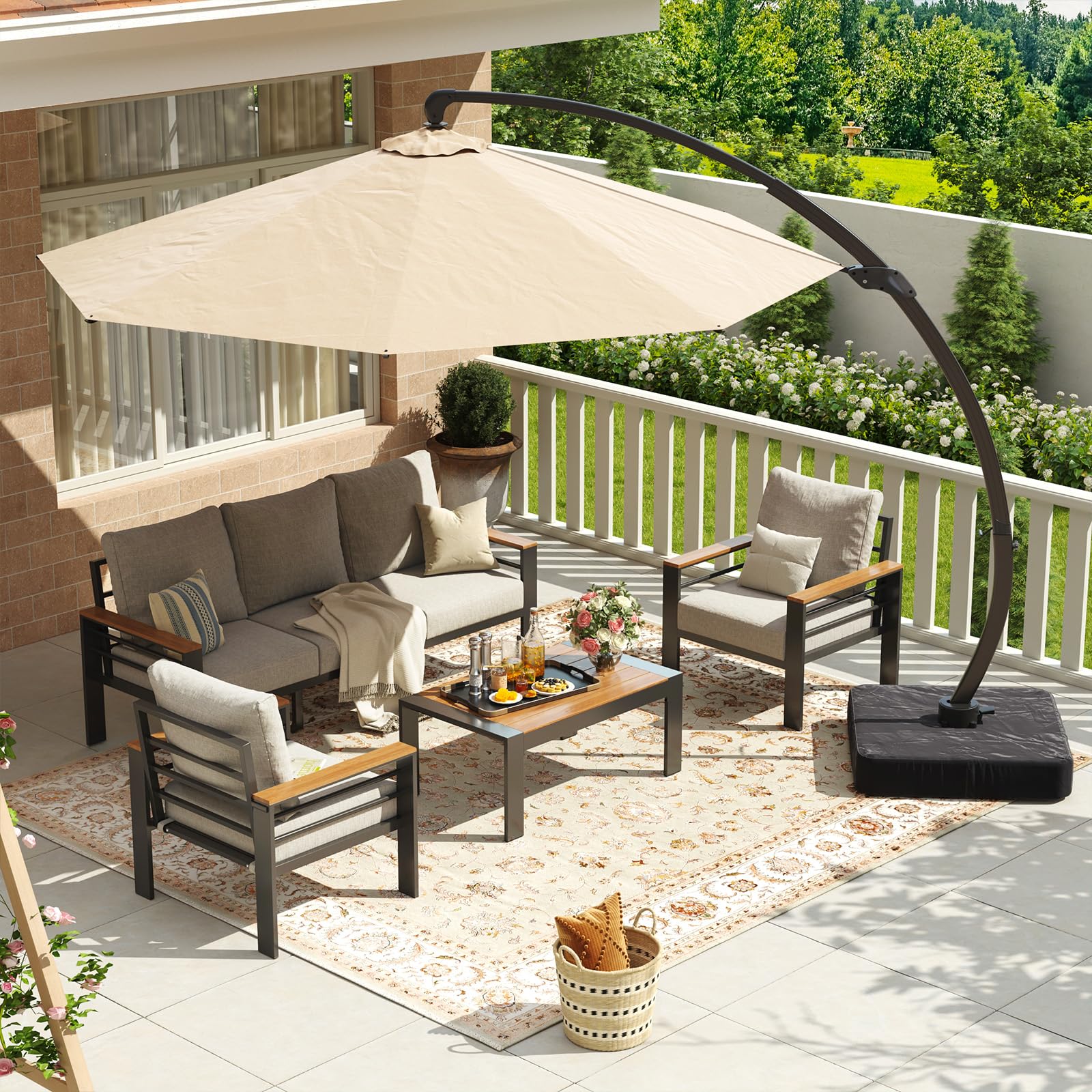 Aoxun Aluminum Patio Furniture Set with Umbrella 5 Seats, Oversized Outdoor Sectional with Washable Thick Cushions, Coffee Table, Patio Conversation Sets for Porch, Balcony, Deck