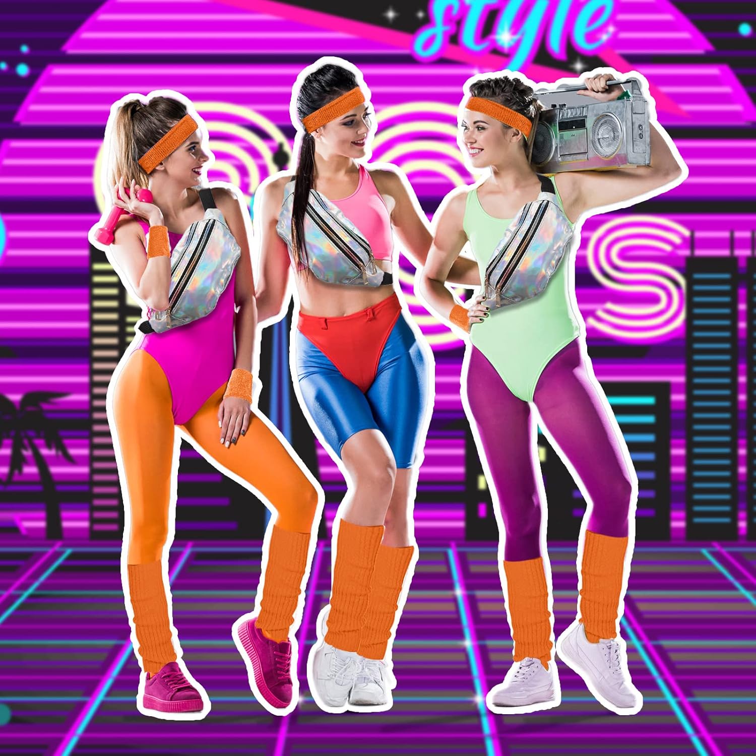 SATINIOR 80s Women Workout Outfit Neon Leg Warmer Headband Wristbands Fanny Pack Set 80s Accessories for Yoga Running - Image 4