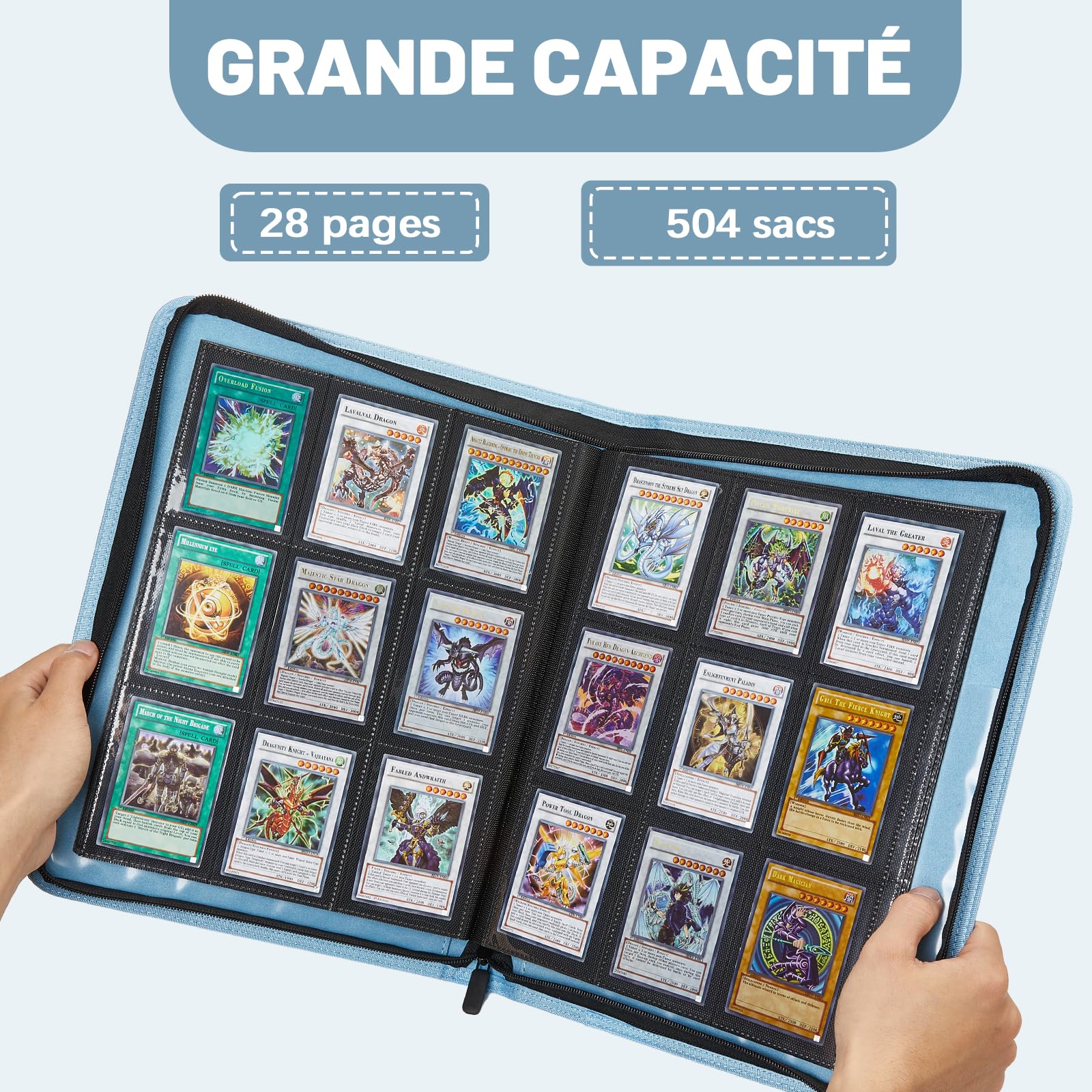 Lictin Raccoglitore carte 504 tasche – 28 pagine Album di carte da collezione con chiusura a zip, taccuino per carte da gioco, libro con copertina in pelle (blu)