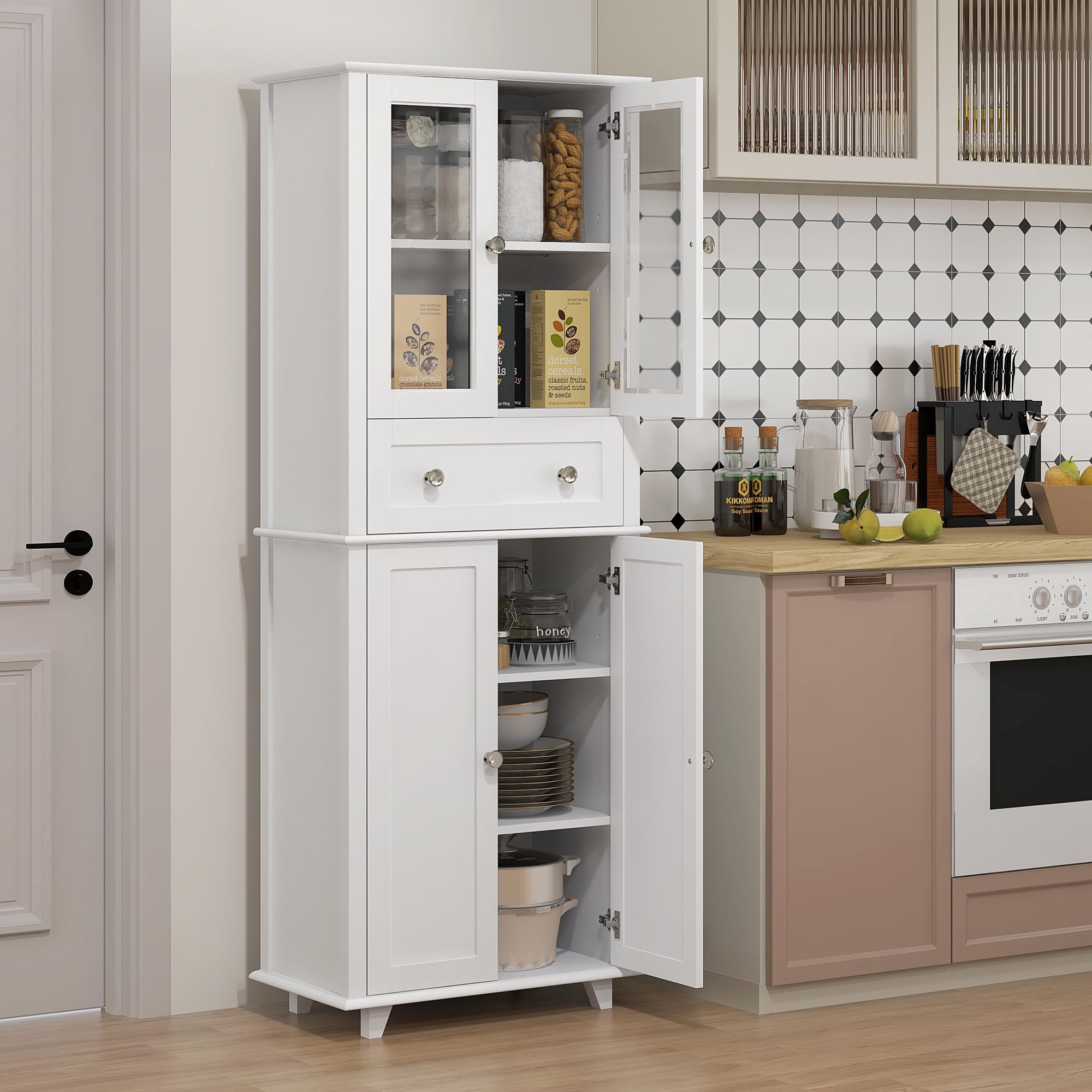 HOMCOM Alacena de Cocina Despensa con 2 Puertas 61x35x168,5 cm Blanco | Armario de Cocina, Vidrio Templado, Cajón, Estantes Ajustables, Aparador para Comedor