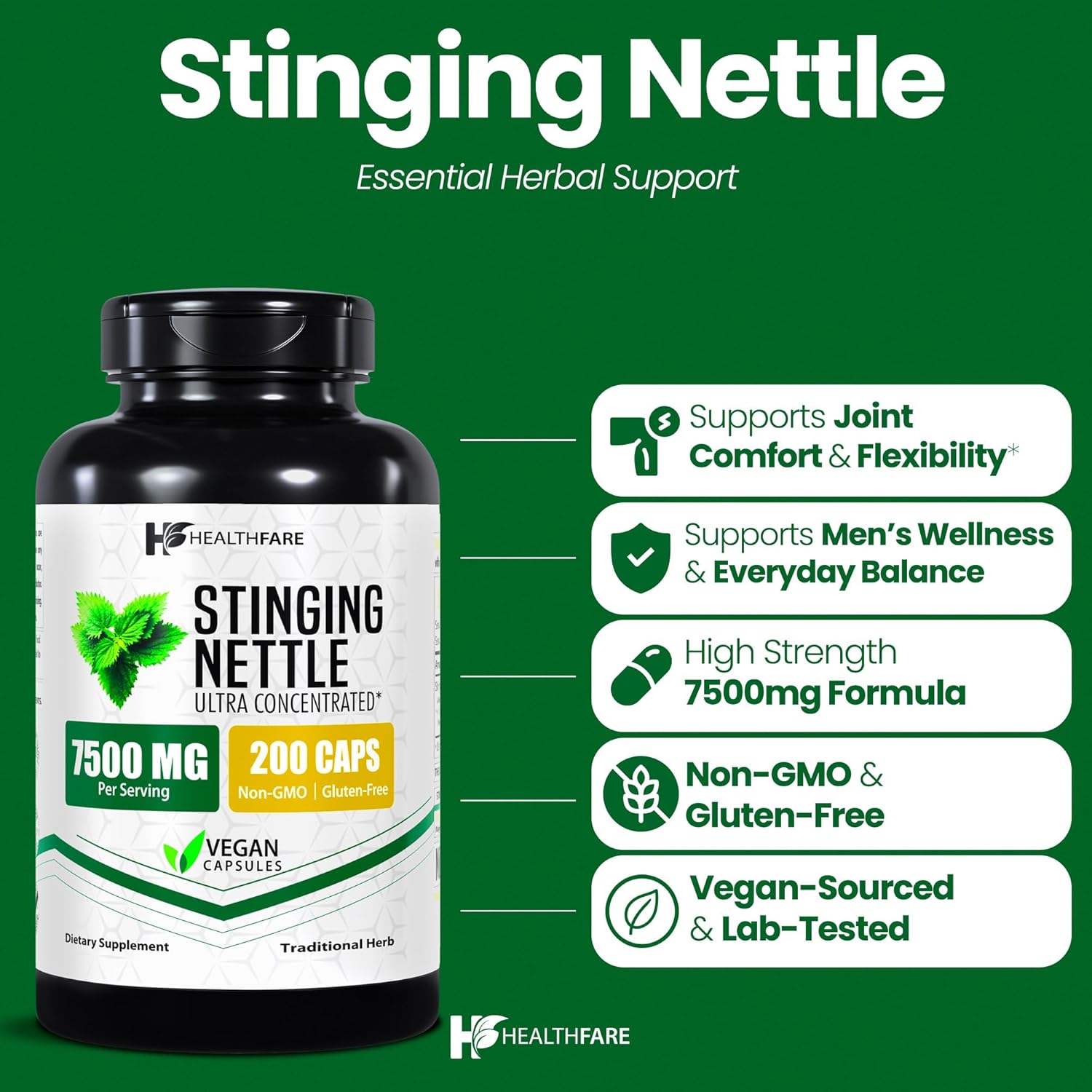 Healthfare Stinging Nettle Root Extract 7500mg | 200 Vegan Capsules | Extra Strength Herbal Supplement | Supports Prostate, Urinary & Hair Health | Non-GMO, Gluten-Free | Made in USA - Image 2