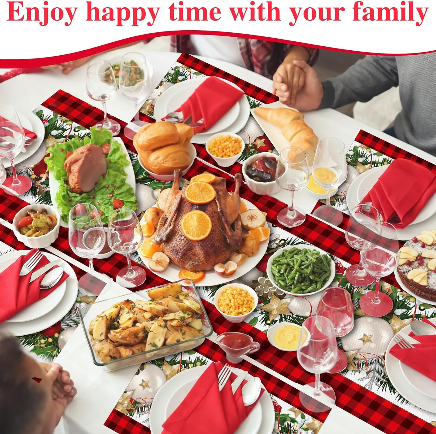 VitalCozy 7 Pcs Christmas Table Runner and Placemat Set 72 x 13 Inch Buffalo Plaid Runner Xmas Poinsettia Table Mat for Holiday Kitchen Dining Decoration(Plaid,Red Black)