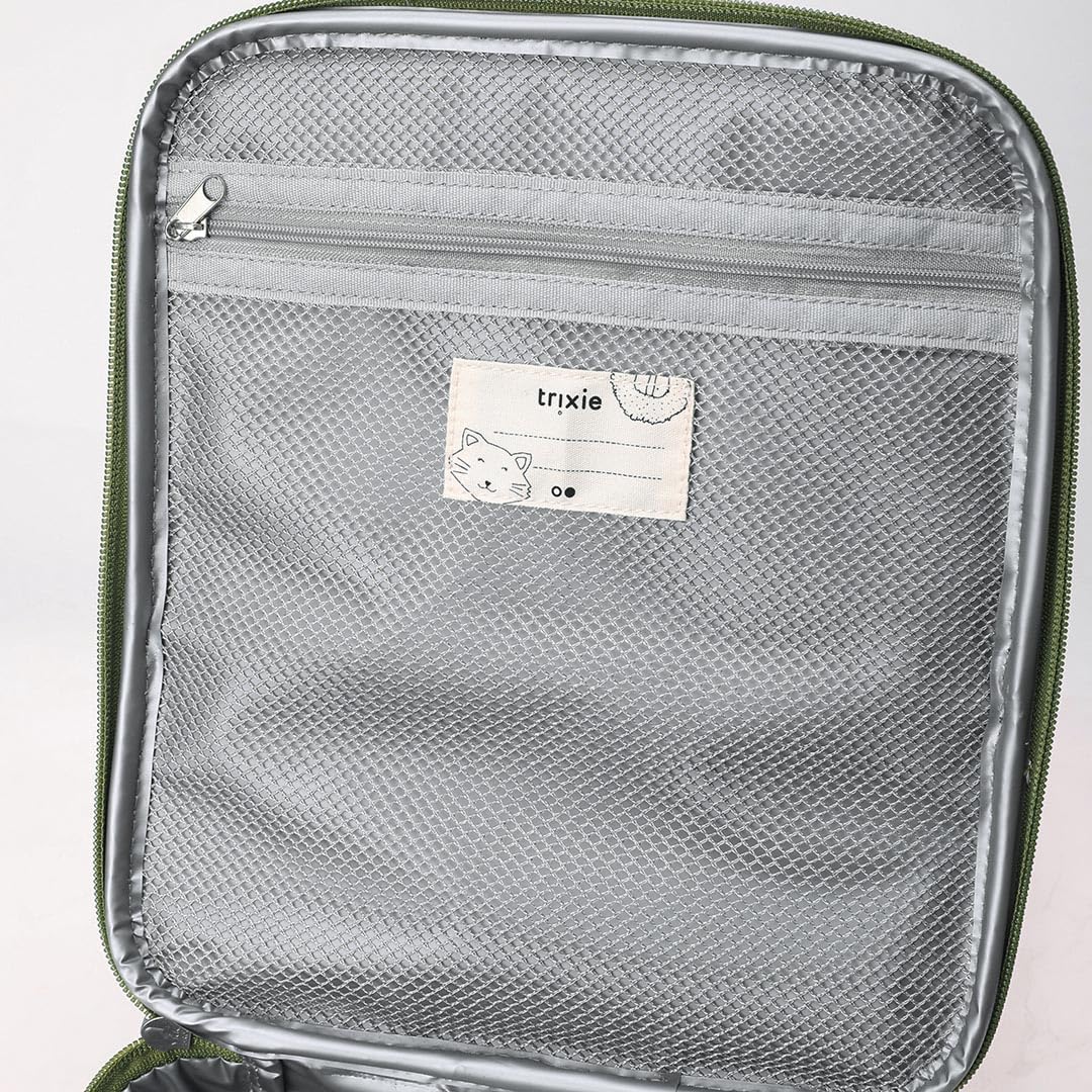 Trixie Sac à pain isotherme avec bandoulière, poche avant avec fermeture éclair, étiquette nominative, pour enfants à l'école, à la maternelle et à la crèche (Mr Dino)