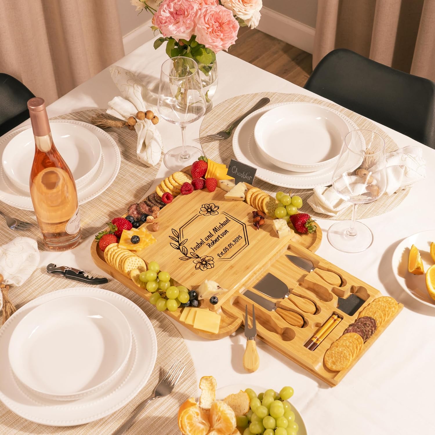 Personalized Charcuterie Board Set – Custom Engraved Bamboo Cheese Board with Knife Drawer & Cheese Knives – Wedding, Anniversary & Housewarming Gift for Couples