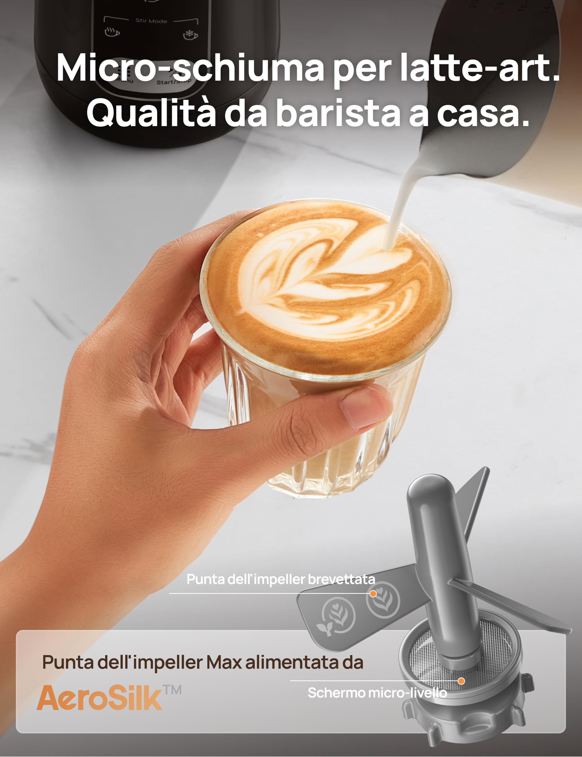 DREO Montalatte Elettrico, 8-in-1 Montalatte per Latte, Cappuccino, Cioccolata Calda, 270ml Milk Frother in Acciaio Inossidabile per Schiuma Calda e Fredda, LED, Facile da Pulire