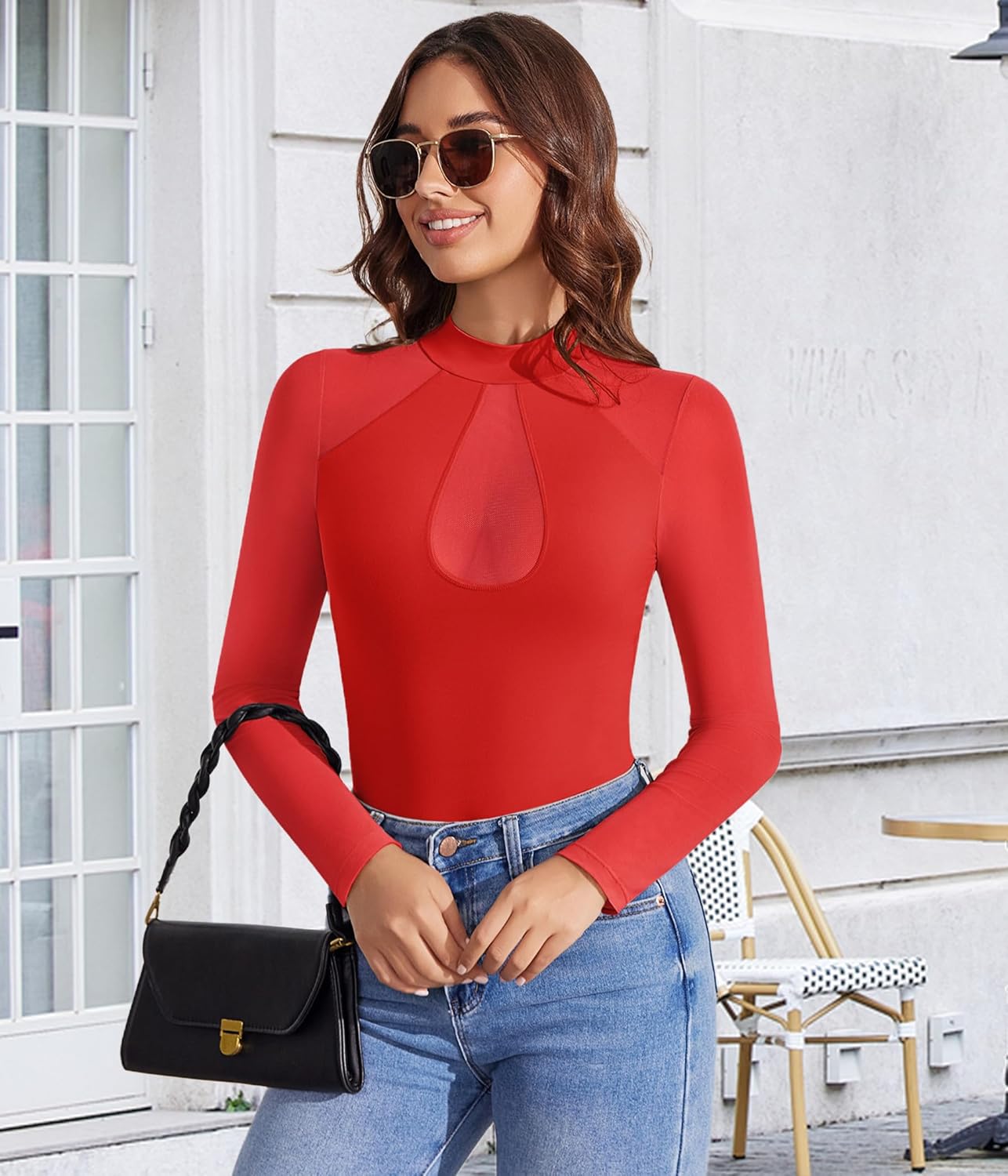 Avidlove Long Sleeve Bodysuits for Women Mesh Bodysuit Top Mock Neck Thong Body Suit Going Out Tops - Image 7