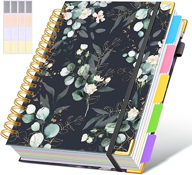 Hardcover Spiral Notebooks for Work, 300 Pages 5 Subject Notebook College Ruled with Dividers Tabs, 8"x10" Aesthetic Lined Spiral Journal for Women, 100GSM Large Notebook for School,GreenEucalyptus