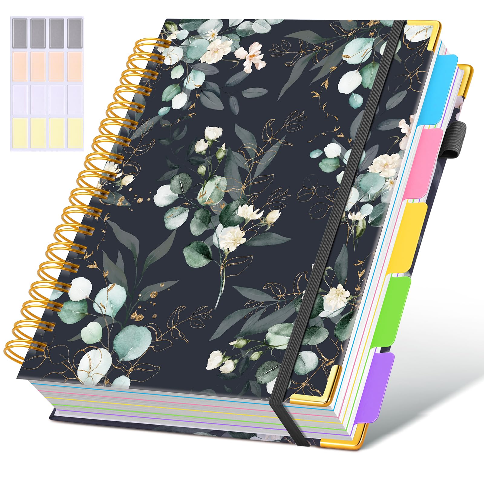 Hardcover Spiral Notebooks for Work，300 Pages 5 Subject Notebook College Ruled with Dividers Tabs，8"x10" Aesthetic Lined Spiral Journal for Women，100GSM Large Cute Notebook for school,GreenEucalyptus