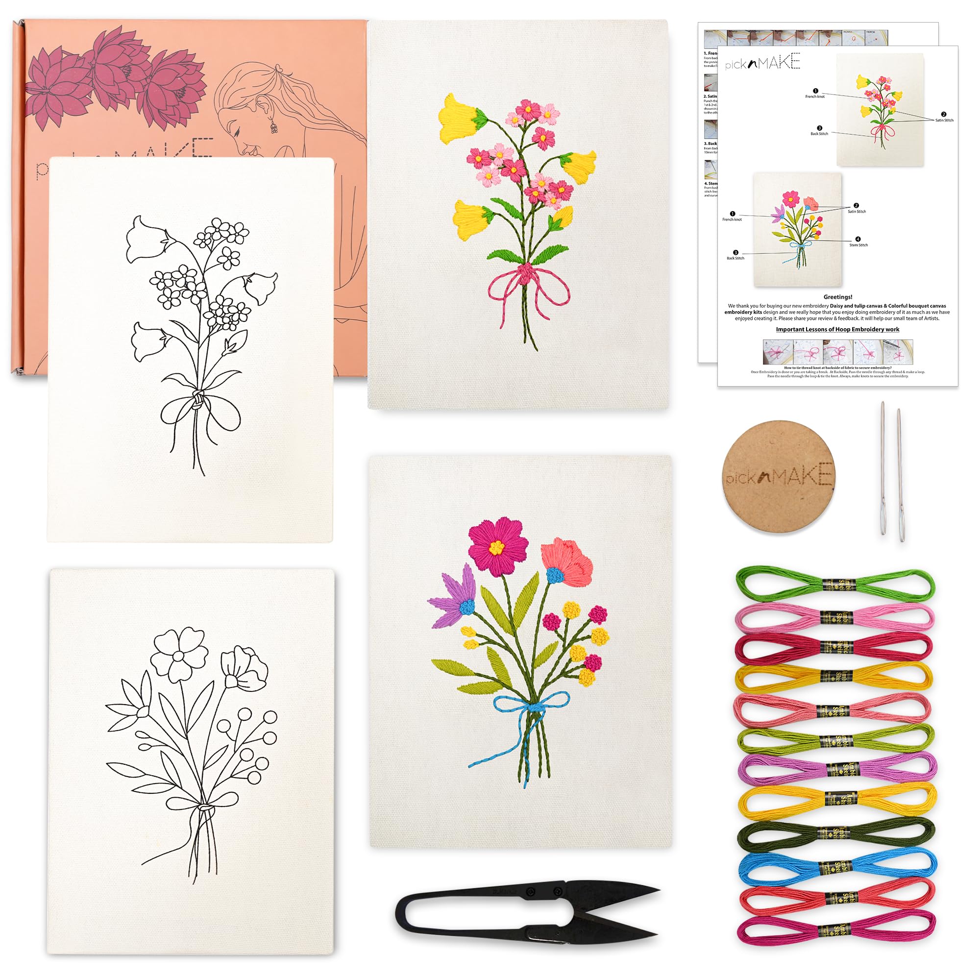 picknMAKE Pack of 2 DIY Canvas Embroidery Kits for Beginners – 10x12 inch Colorful Floral Designs | Pre-Printed Fabric with Wooden Frames, Thread, Needle, Cutter & Instructions | Easy Hand Stitch Kit-image-43