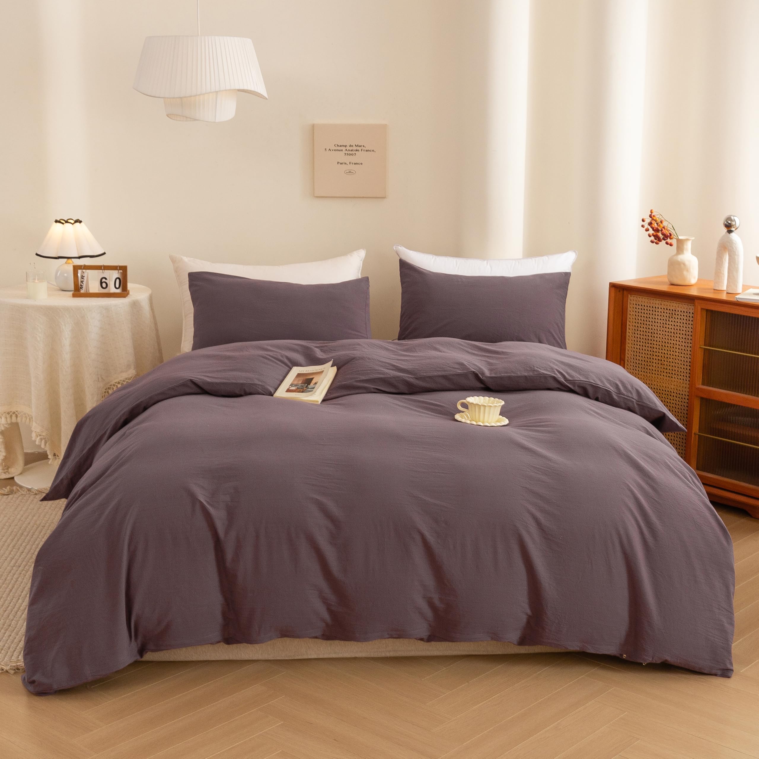 ECOCOTT Duvet Cover Set, 100% Washed Cotton Linen-Like Textured Soft &amp; Breathable, Durable Comfy Bedding Set for All Seasons Oversized Queen Size, Lilac Purple