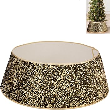 Foldable Round Xmas Tree Ring, 23.6 Inch Sequin Base Cover for Artificial Trees, Black Christmas Tree Basket for Holiday Decor