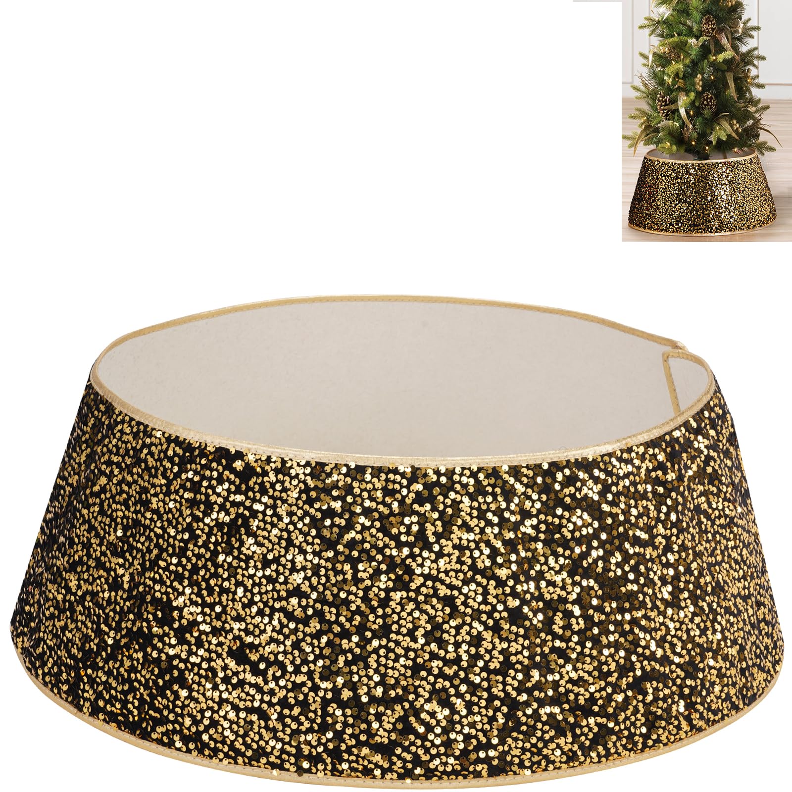 TomteNisse Christmas Tree Collar - 23.6 Inch Sequin Base Cover, Foldable Round Xmas Ring for Artificial Trees, Black Basket for Holiday Decorations Home Decor