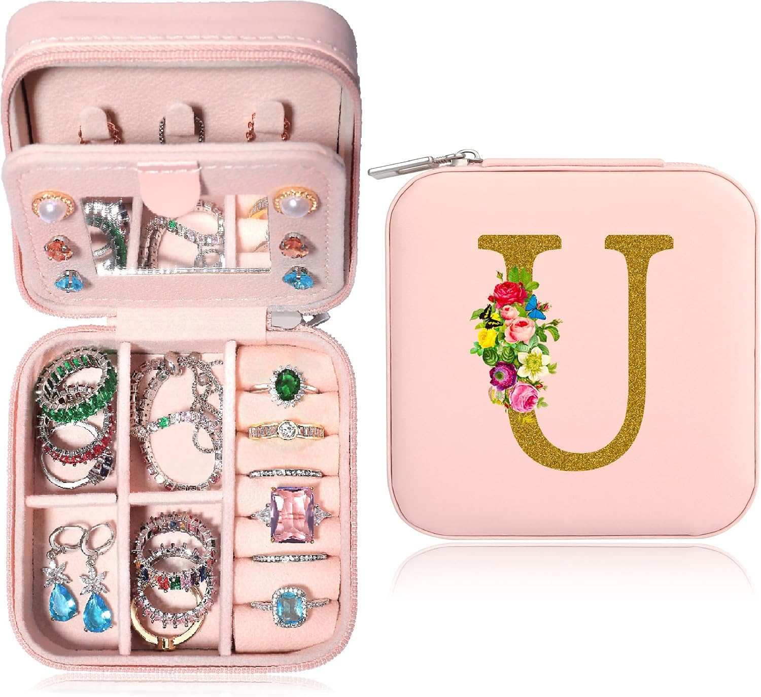 XIUQILAI Jewelry Box for Women, Birthday Gifts, Pink Small Travel Earring Organizer Case-Initial U