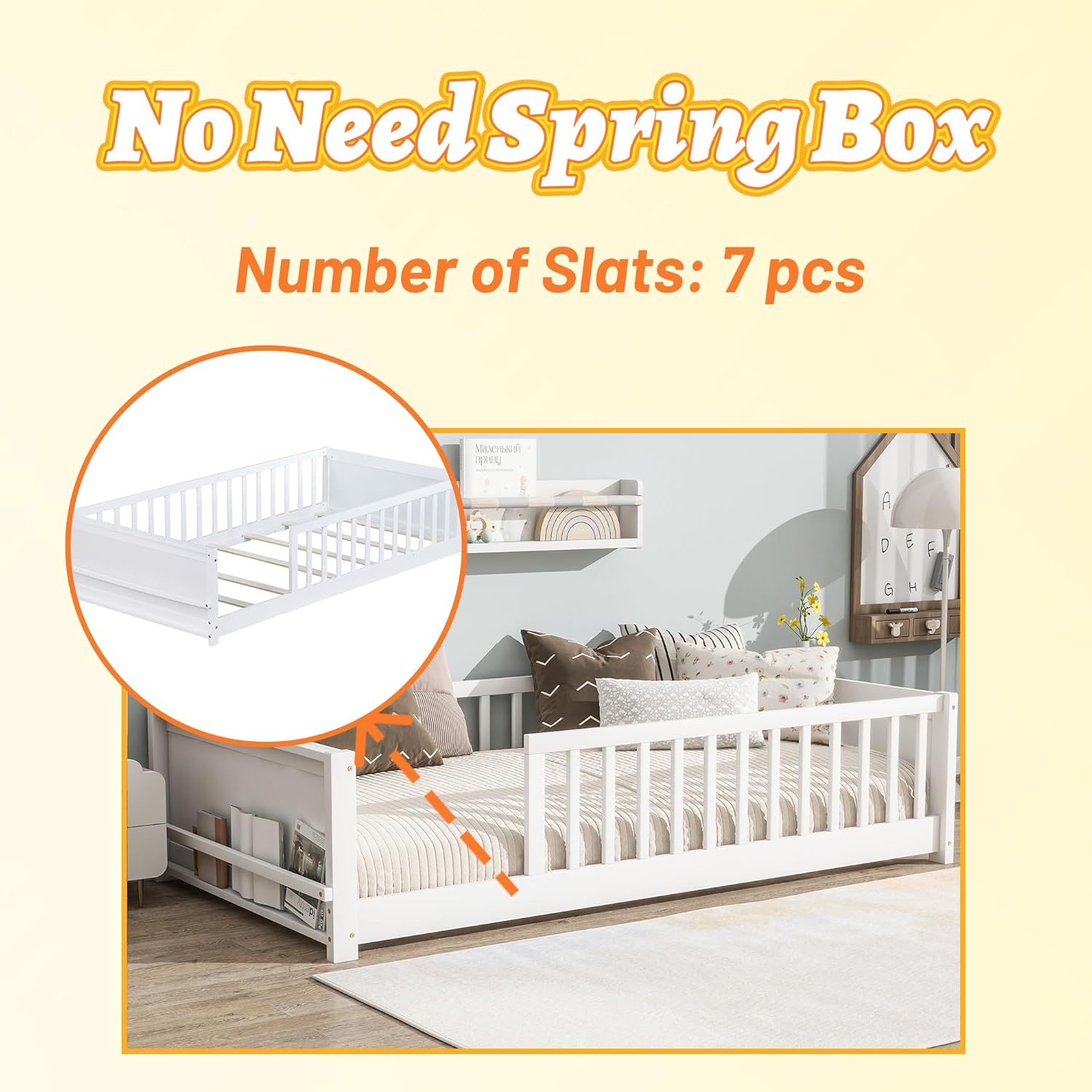 Twin Size Montessori Bed, Low Profile Montessori Floor Bed Twin with Built-in Book Rack, Wood Baby Floor Beds for Girls & Boys, No Spring Box Required, No Squeaks, White