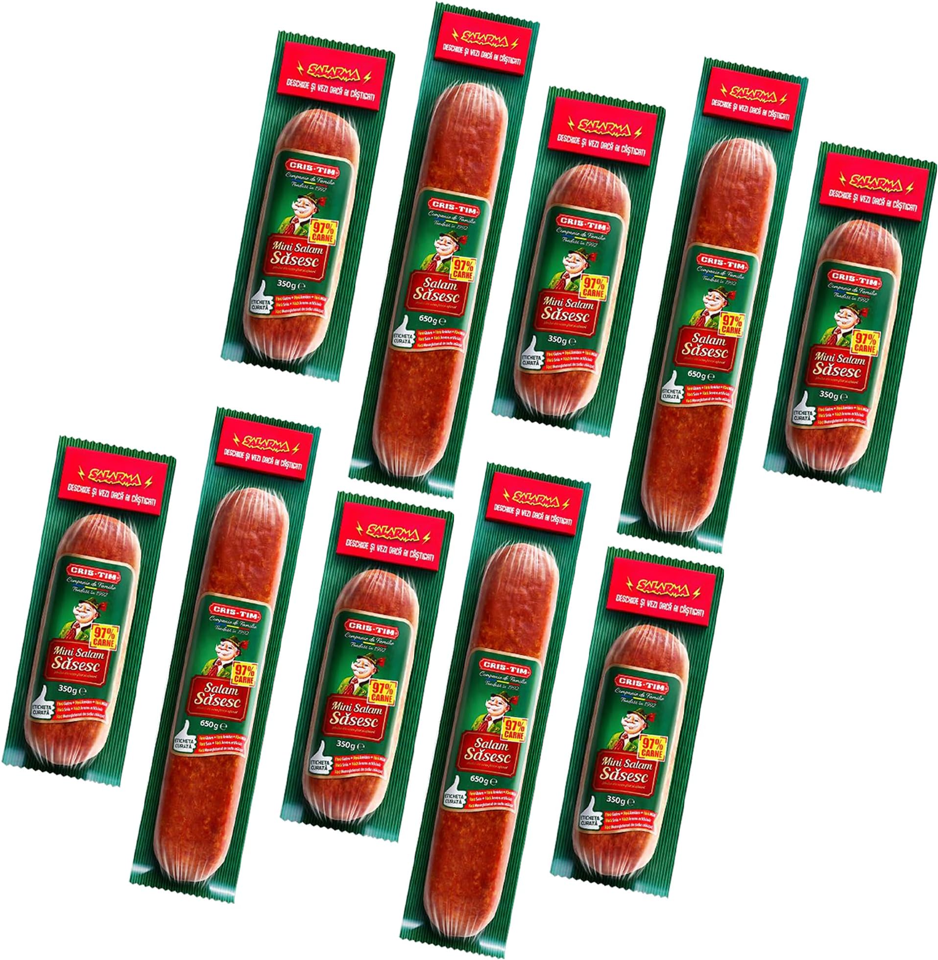 CRIS-Tim Salam Sasesc 650g and Mini Sasesc 350g Sausage| Romanian Boiled and Smoked Pork and Beef Meat | Addition of Finely Chopped Bacon and Spices (Mixed Both, 10 Pack)