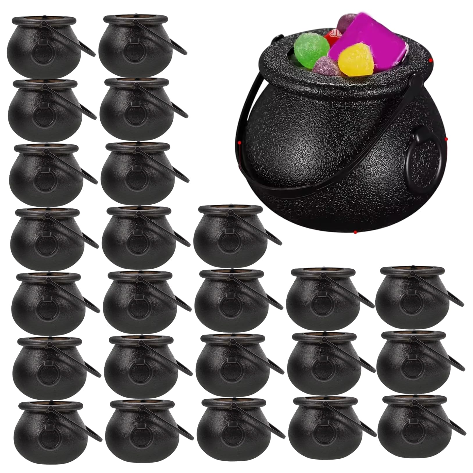 Bemonew 24Pcs Witches Cauldron, 3x2 Inch Mini Plastic Cauldron Pot with Handle, Decorative Black Halloween Candy Bowl for Party Supplies