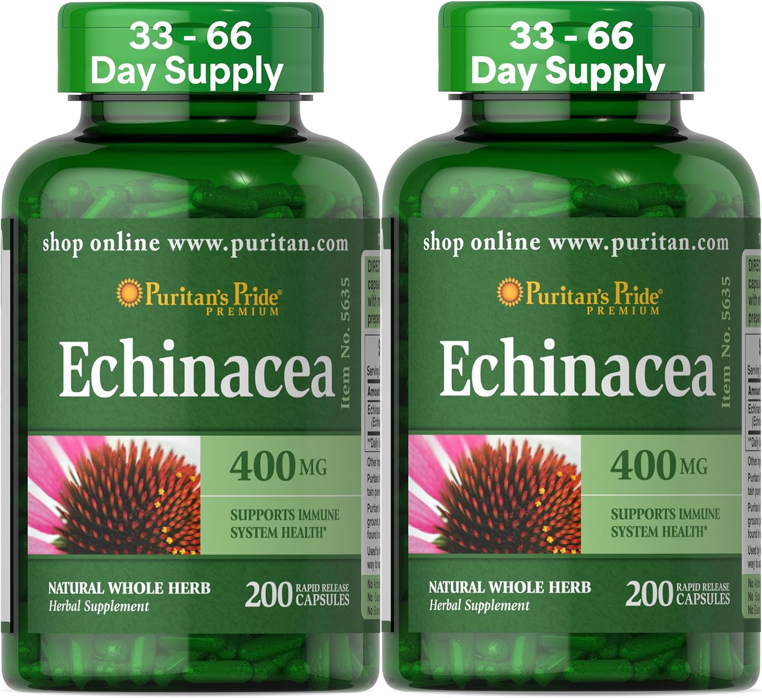Puritan's Pride Premium Echinacea Natural Whole Herb Herbal Supplement 400mg, Dietary Supplement for Health, Immune System Support, 200 Rapid Release Capsules, 2 Pack