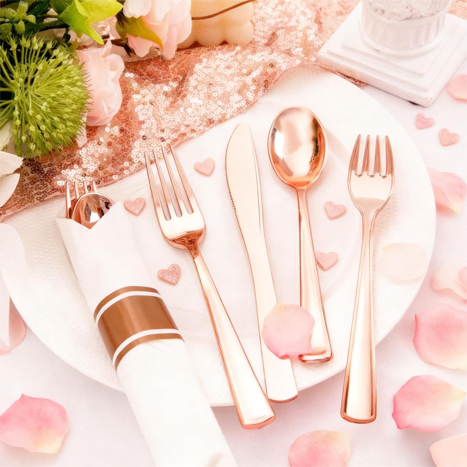 Liacere 100Pack Rose Gold Plastic Silverware - Pre Rolled Napkins with Rose Gold Cutlery - Wrapped Silverware Set Disposable100 Forks Knives Spoons Wrapped Utensils for Wedding＆Mothers Day