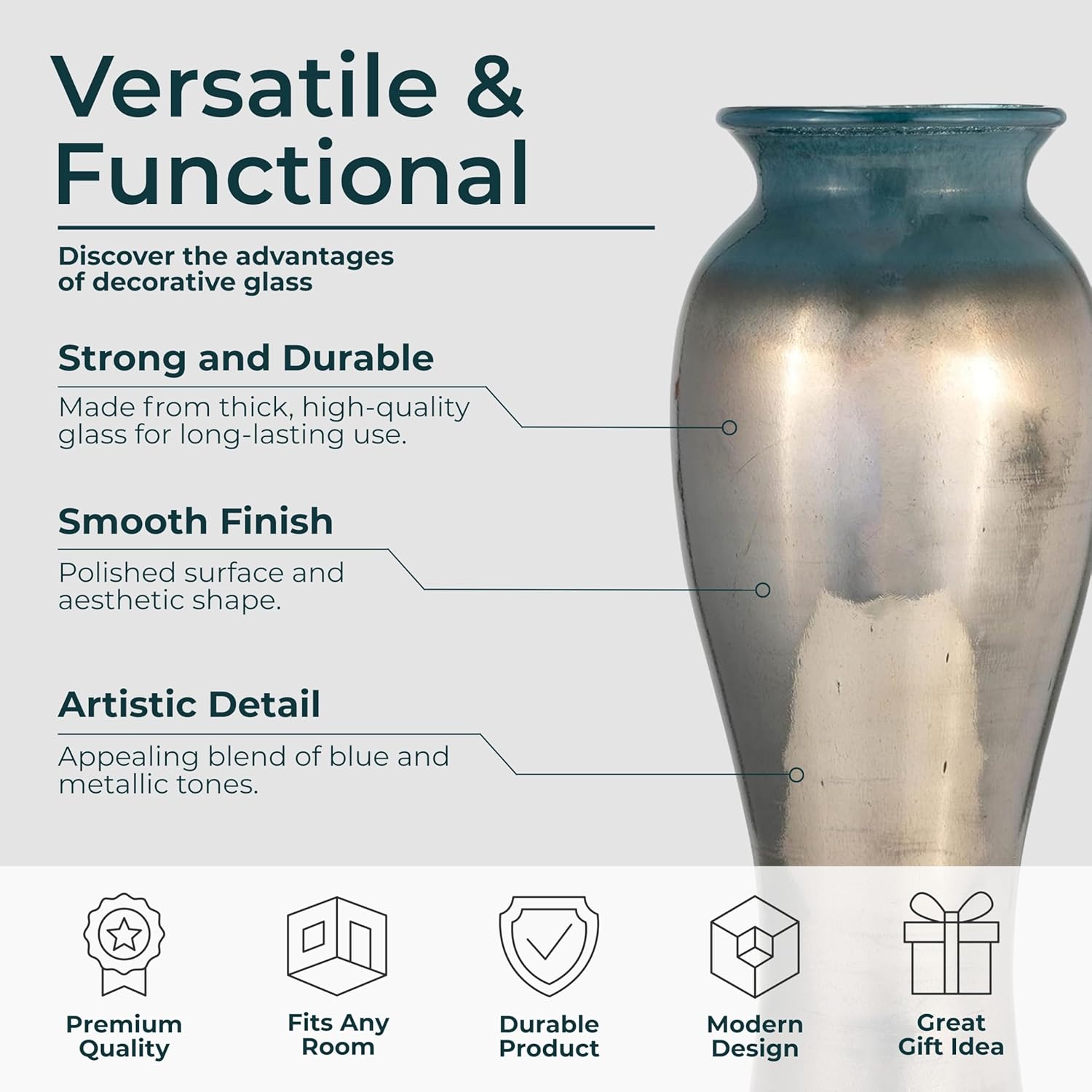 Olpe Tall Decorative Vase with Blue & Metallic Gradient – Glass Decorative Vases for Home Decor – Modern Centerpiece Flower Vases for Living Room, Bedroom & Office – 16", Teal