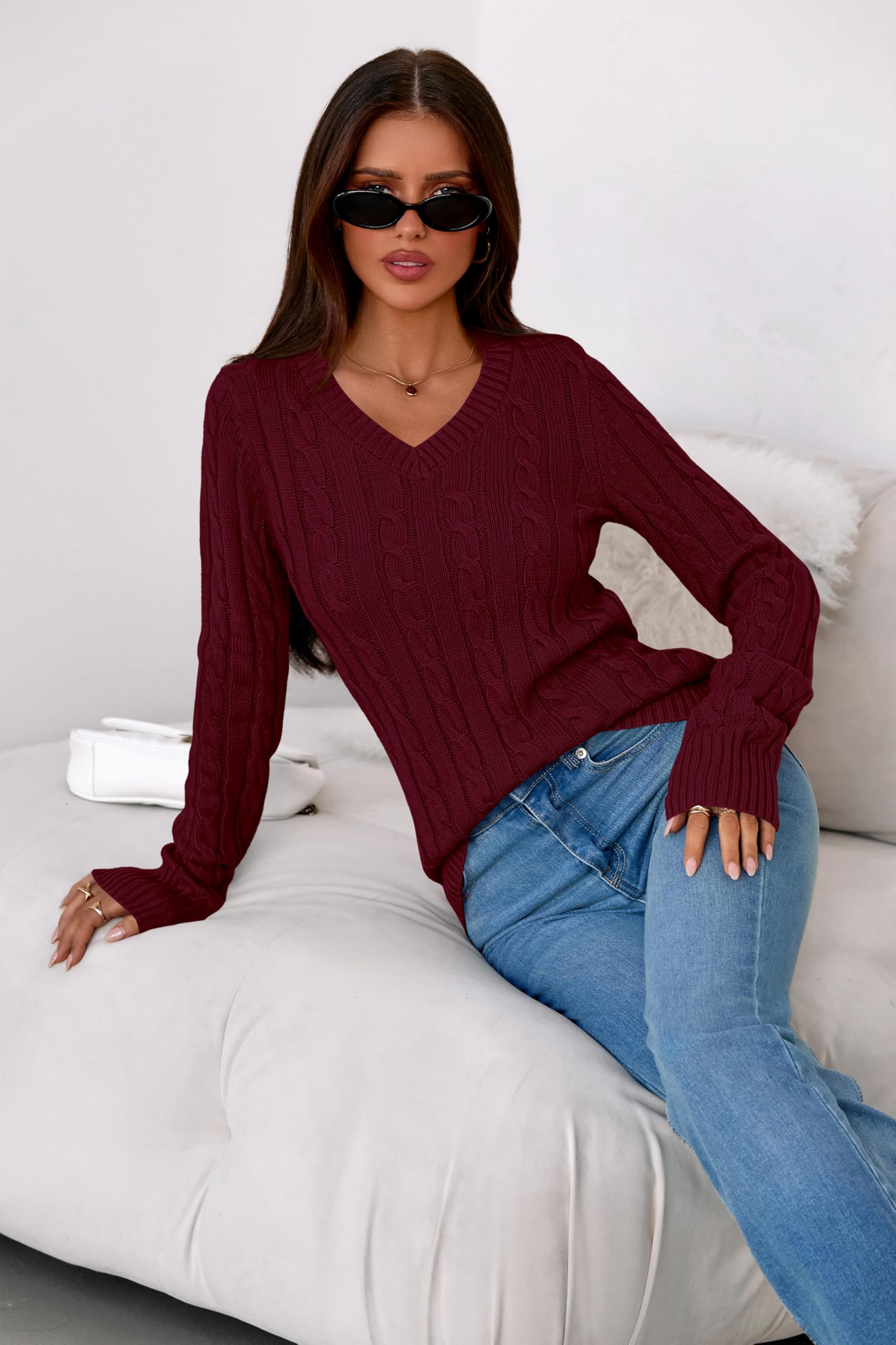 PRETTYGARDEN Pullover mit V-Ausschnitt und Zopfmuster für Damen, langärmelig, gerippt, tailliert, Pullover, Tops, Business, Freizeit, Herbst-Outfits