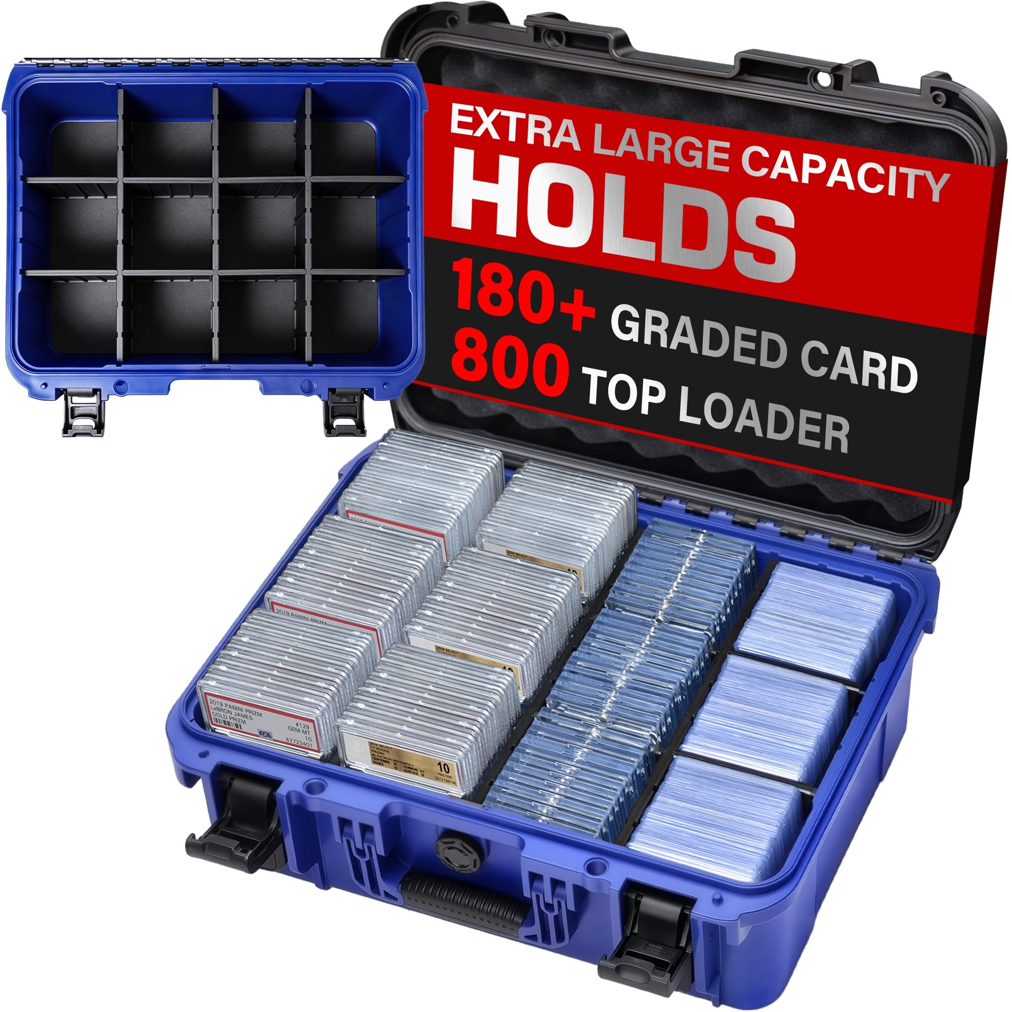 Turokacase Boîte de rangement pour cartes graduées – Boîte de rangement extra large pour cartes à collectionner avec 8 séparateurs réglables (noir et bleu)