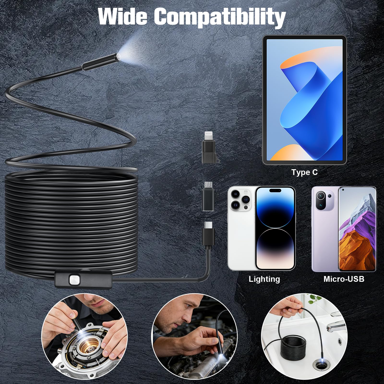 VINATO Endoscopio per Smartphone 10m, Telecamera Ispezione 1080P HD Impermeabile IP67, Sonda 8mm con 8 LED, Connessione Diretta Type-C (Adattatore iPhone/Android Incluso) per Autoveicoli, Tubature
