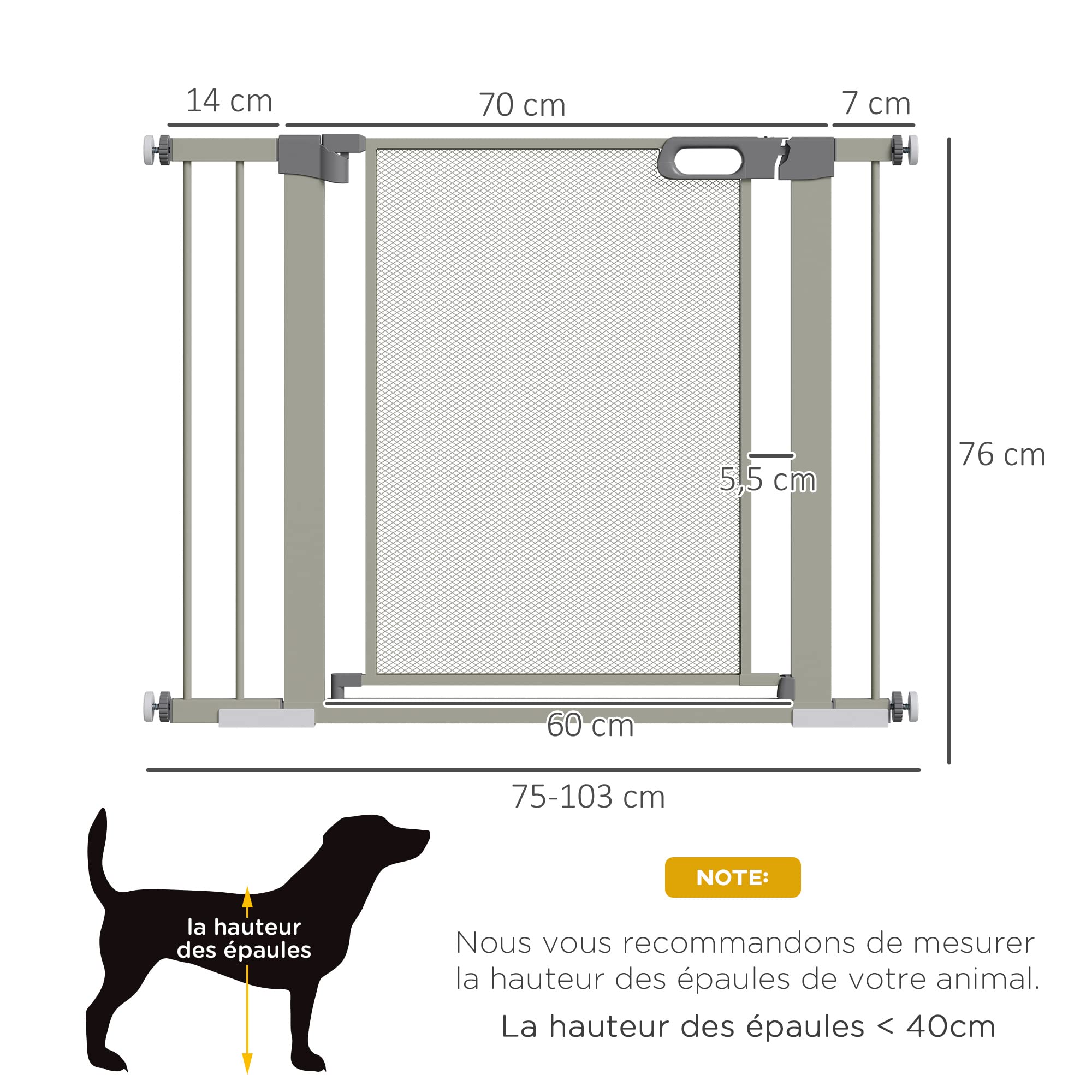 PawHut - Barrera de seguridad para animales domésticos con cierre automático doble bloqueo ancho 75-103 cm, color gris | para mascotas domésticas, doble bloqueo