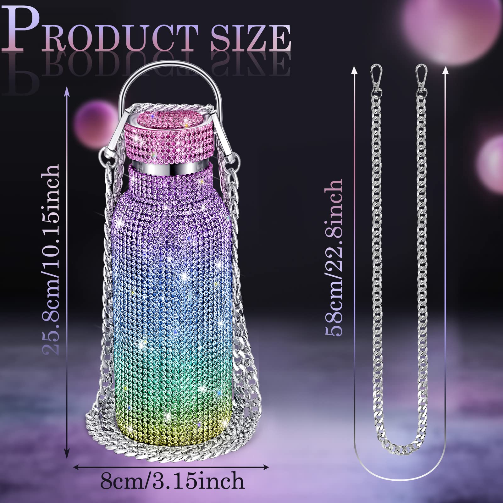 Diamond Bottle Isolierte Edelstahl Trinkflasche mit Strass, Wiederaufladbare Trinkflasche mit Kette für Frauen Mädchen Geschenk (Mehrfarbig, 750ml)