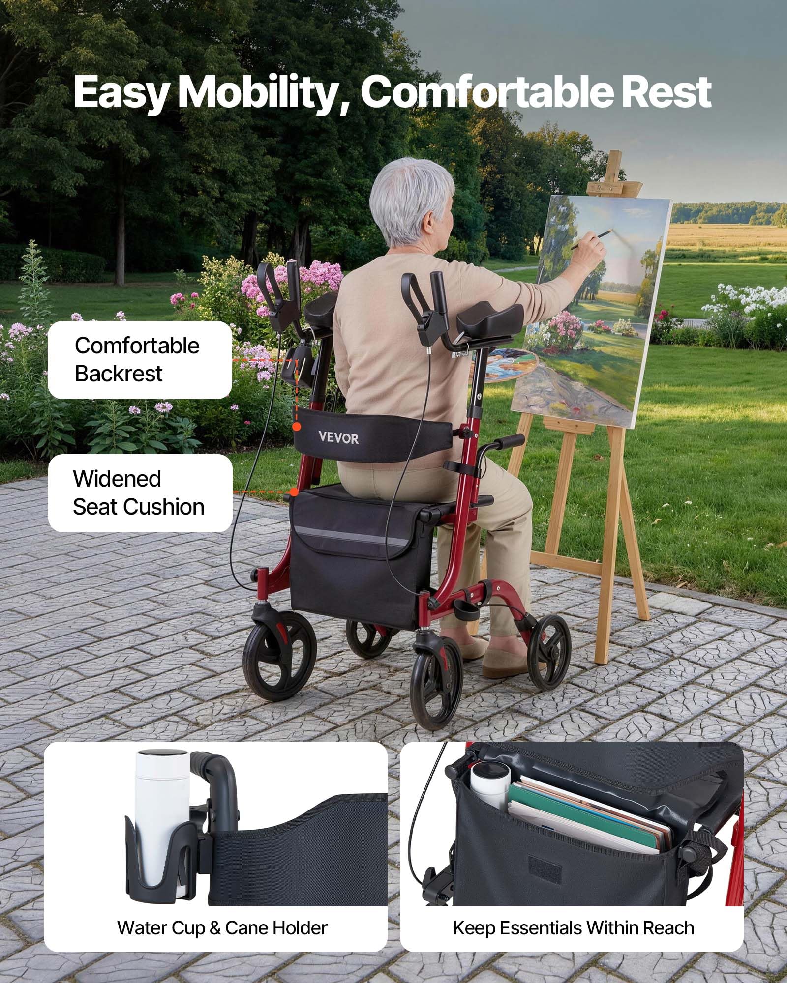 VEVOR Deambulatore con Sedile Carico Massimo da 136 kg per Disabili, Ausilio Pieghevole in Alluminio, con Ruote in PVC Maniglia Regolabile Borsa Portaoggetti e Porta Bastone, per Sostegno Camminata