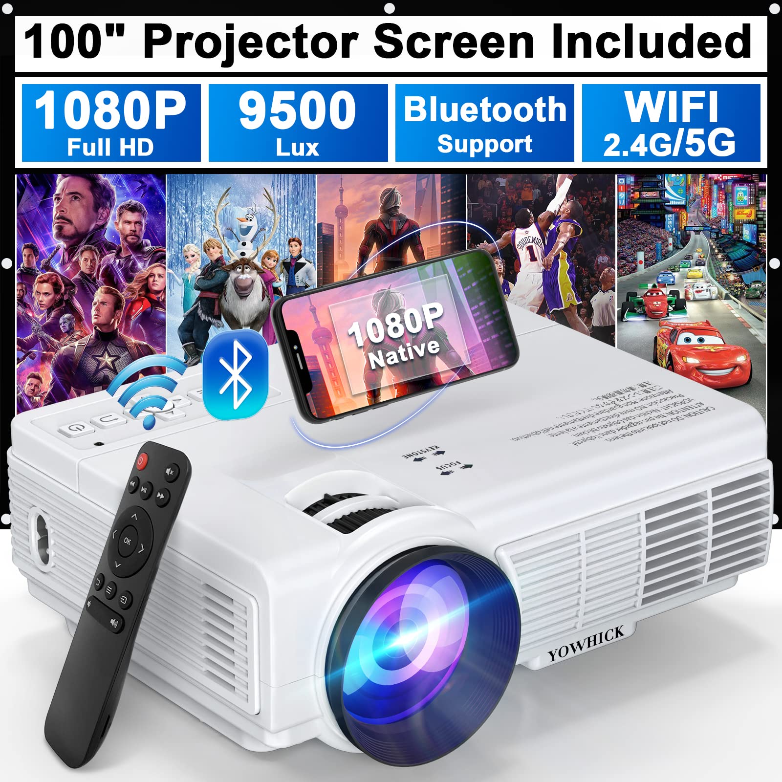 YOWHICK Projector with WiFi and Bluetooth, 5G WiFi Native 1080P 8500L Outdoor Projector 4K Support, Mini Portable Movie Projector with Screen, for HDMI, VGA, USB, Laptop, iOS & Android Phone