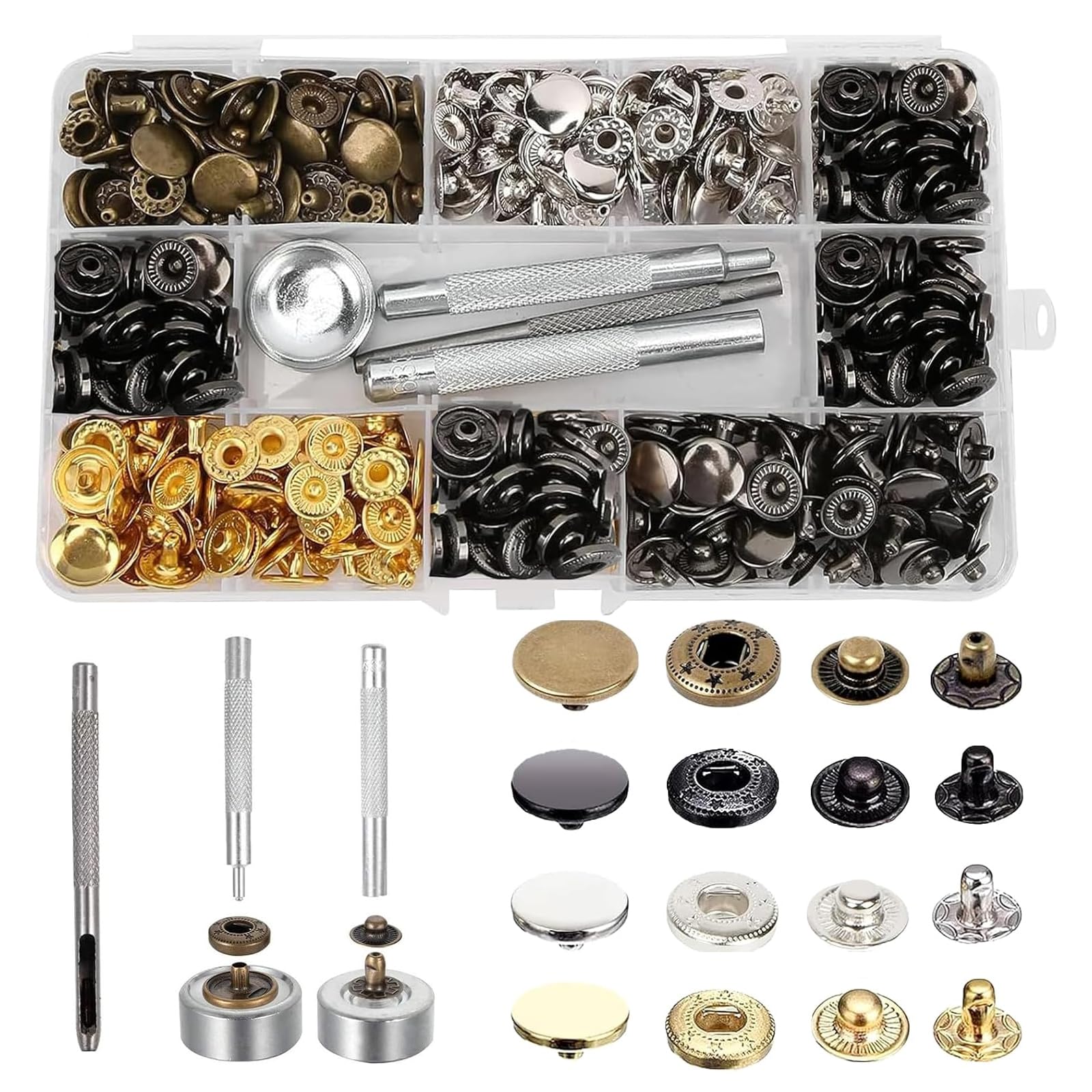 ZhouWei 320 Piezas Corchetes de Presión Metálicos, 12.5mm Botones de Presión con 6 Colores, Kit de Herramienta de Botón con 4 Herramientas de Sujeción, Remaches para Cuero, para Ropa Cuero Vaquero