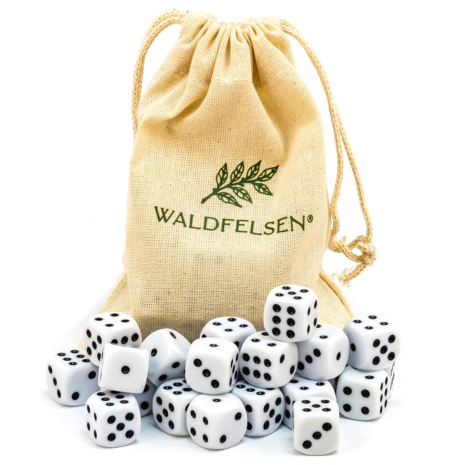 Waldfelsen 6, 12, 20, 30 or 50 High Quality Dice Standard Size 16 mm Acrylic Dice Puzzle Game Cube Dice 6-Sided Six Sided Game Accessories Set with Fabric Bag (White, 30 Pieces) — image 1