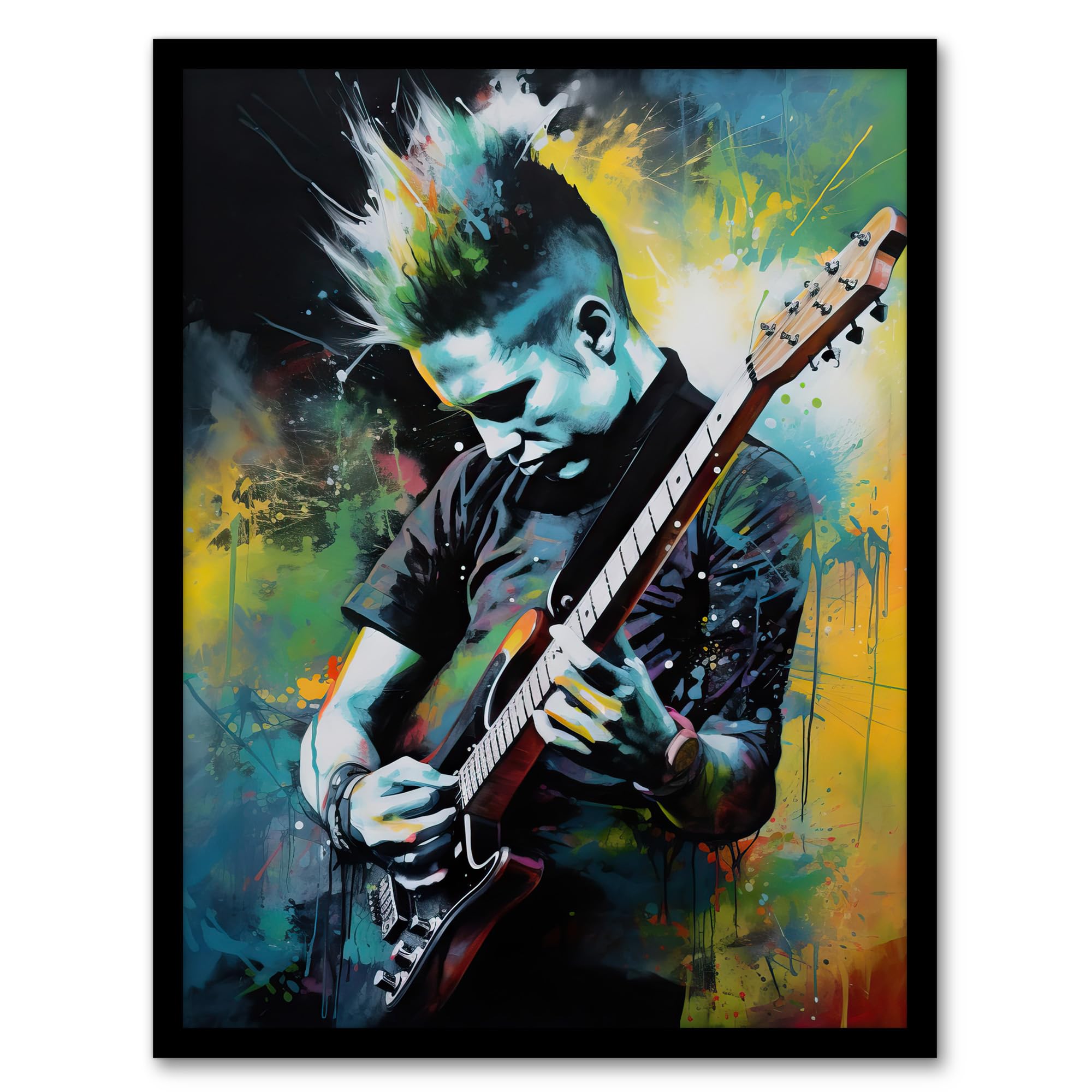 Artery8 Punk Music Artwork Blue Yellow Guitarist Playing At Concert Vibrant Portrait Artwork Framed Wall Art Print 18X24 Inch